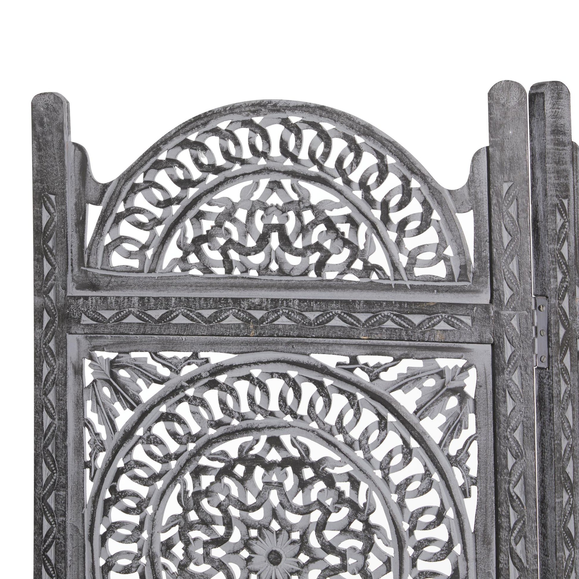 Floral Black Wood Handmade Foldable Partition 3 Panel Partition Room Divider Screen with Carved Designs