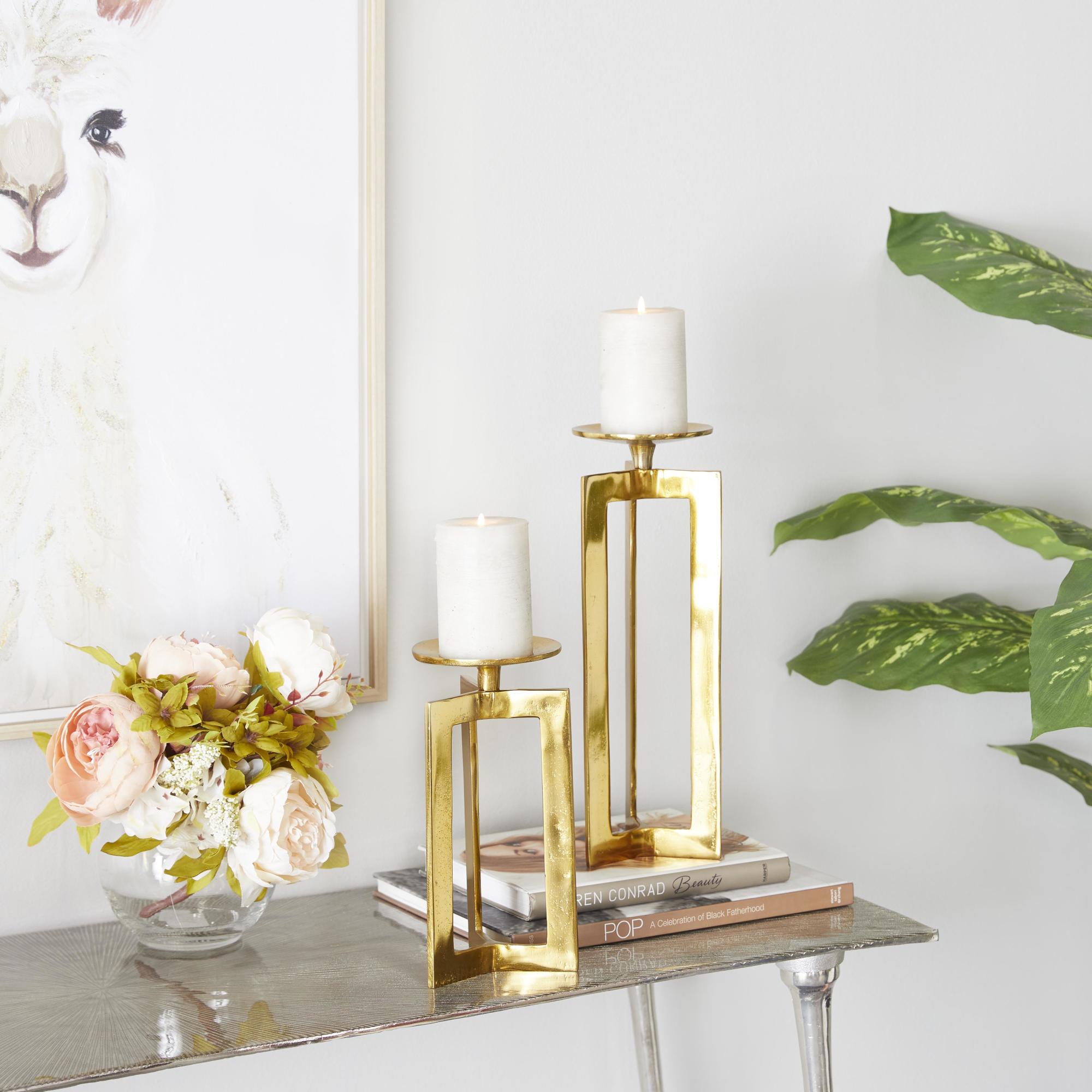 CosmoLiving by Cosmopolitan Set of 2 Geometric Aluminum Metal Pillar Decorative Candle Holder