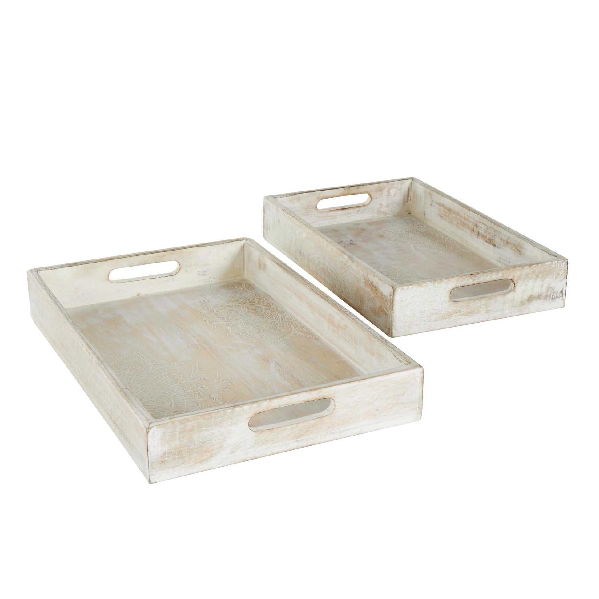 Set of 2 Cream Mango Wood Handmade Whitewashed Living Room Decor Tray with Carved Mandala Interior
