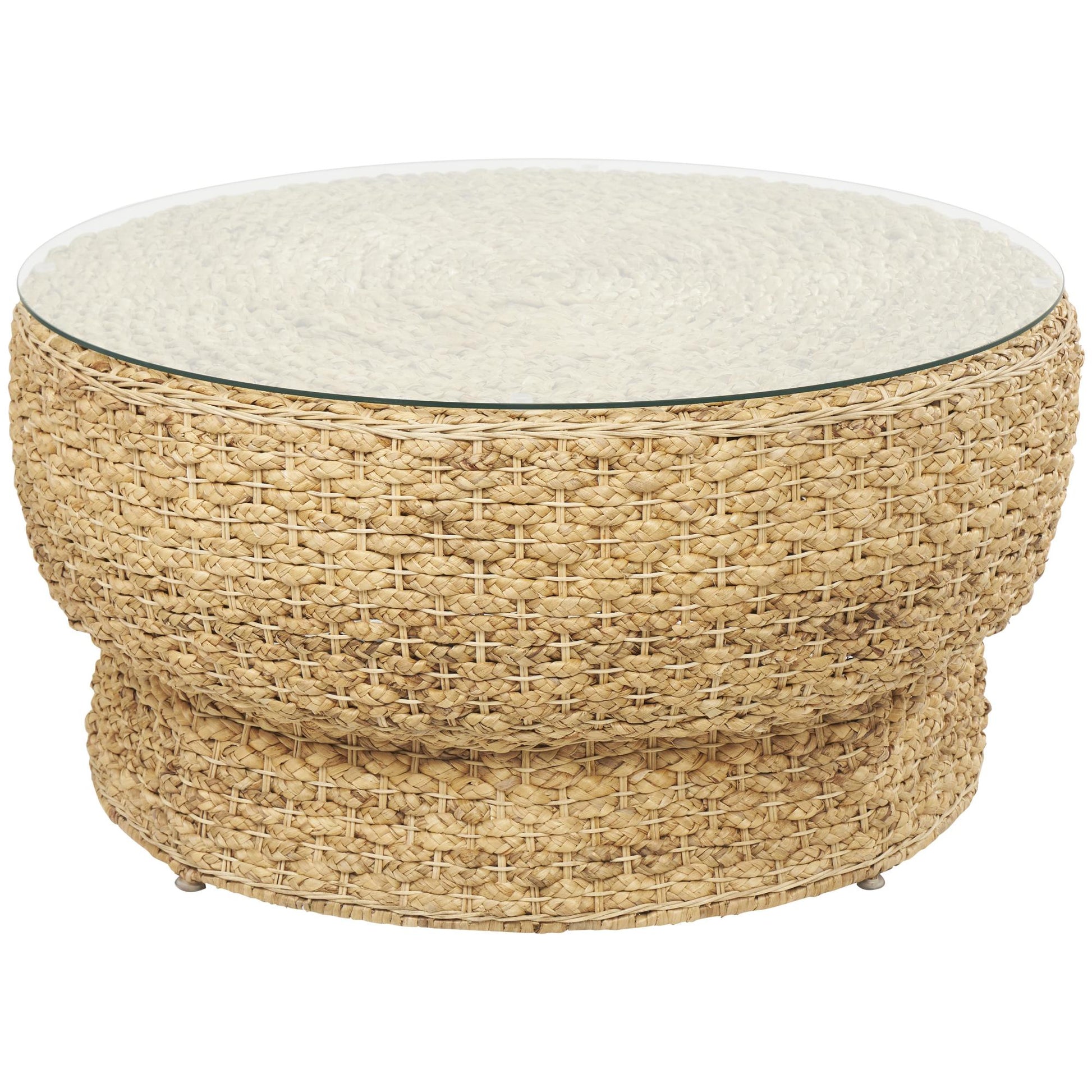 Brown Seagrass Handmade Woven Side End Accent Table with Glass Top