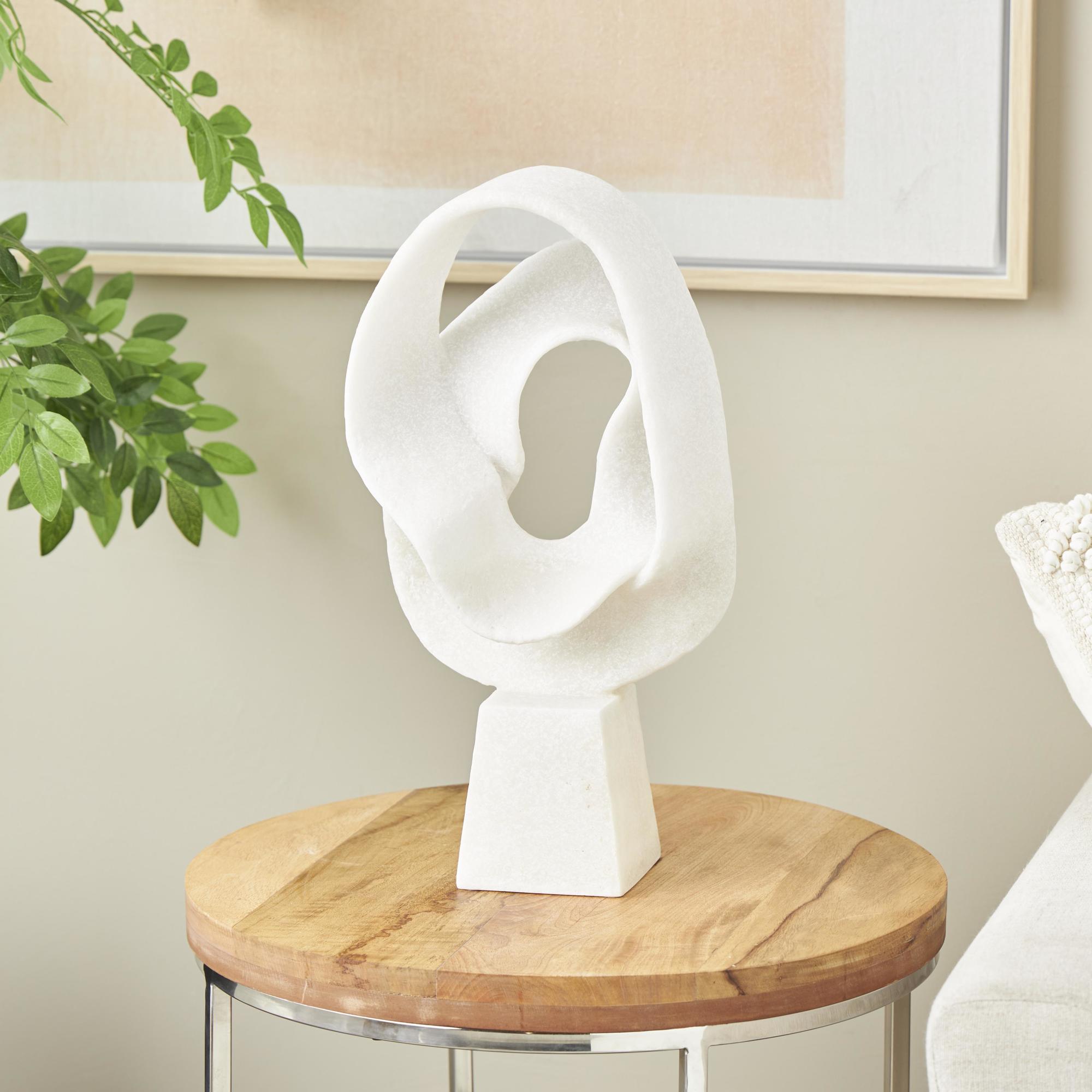 Abstract White Polystone Textured Wave Decorative Sculpture with Elevated Base
