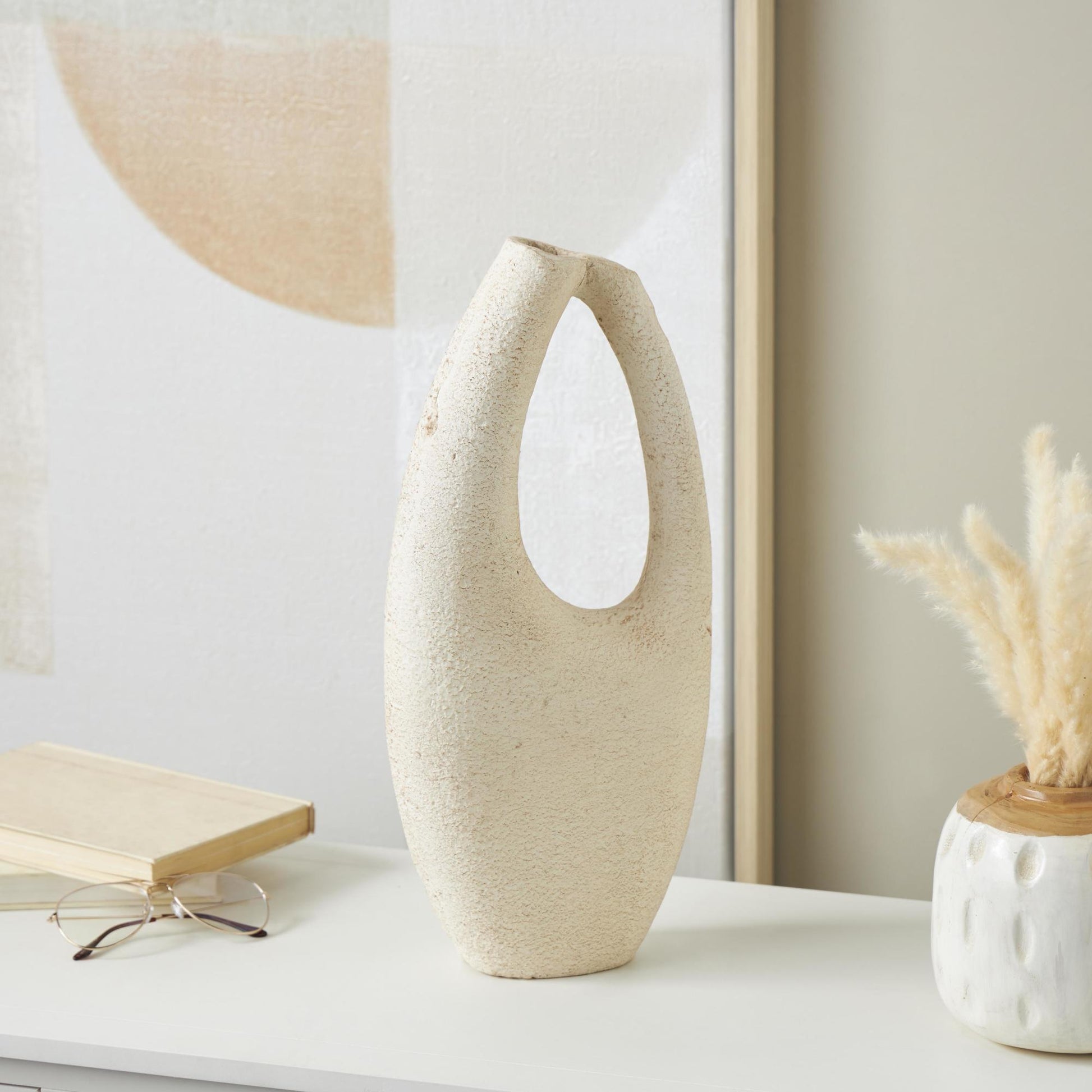 Abstract Cream Paper Mache Curved Cutout Decorative Vase with Brown Distressed Texturing