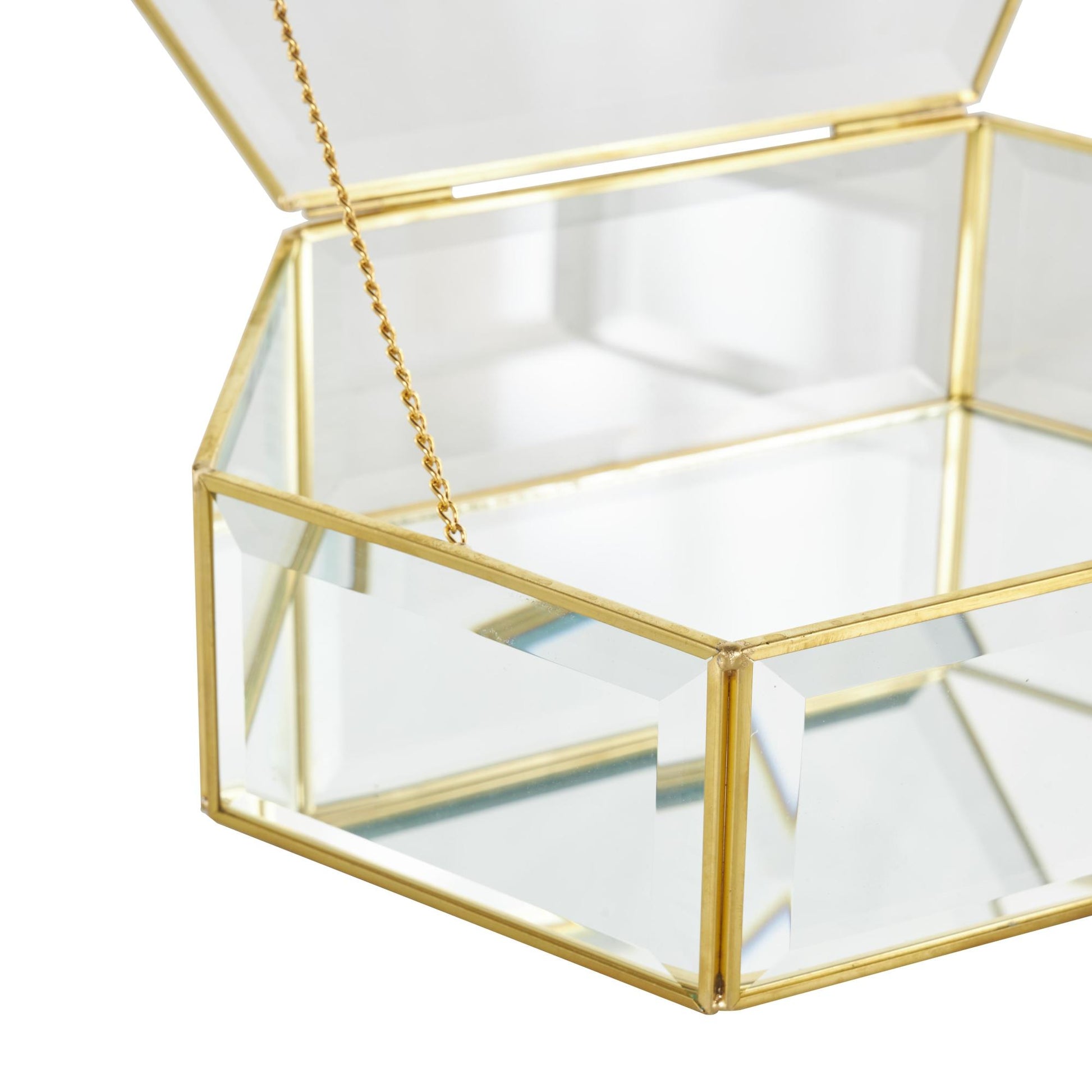 Set of 2 Geometric Clear Glass Beveled Hexagon Decorative Jewelry Box with Gold Metal Frame and Chain Accent