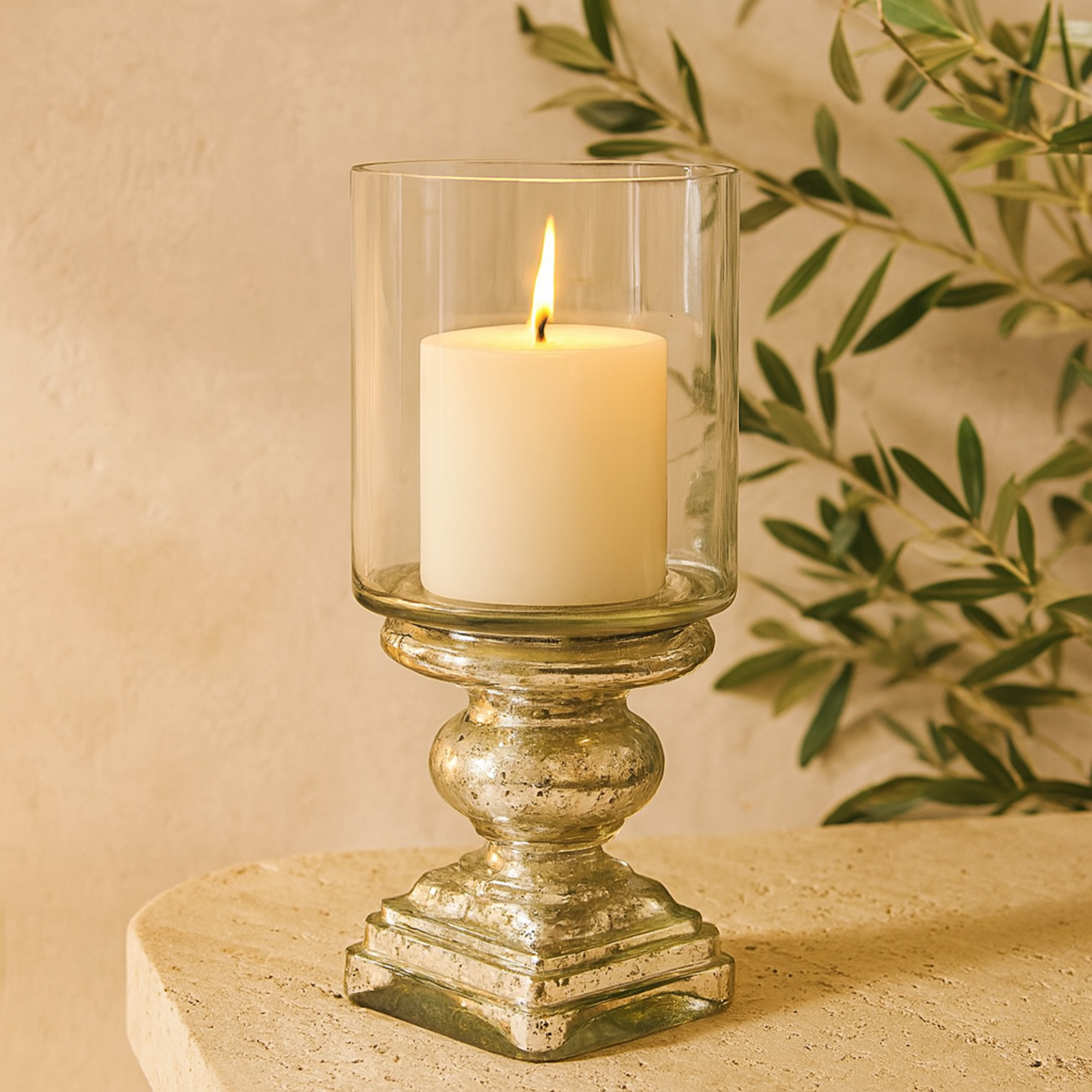 Silver Glass Handmade Turned Style Pillar Room Hurricane Lamp with Faux Mercury Glass Finish