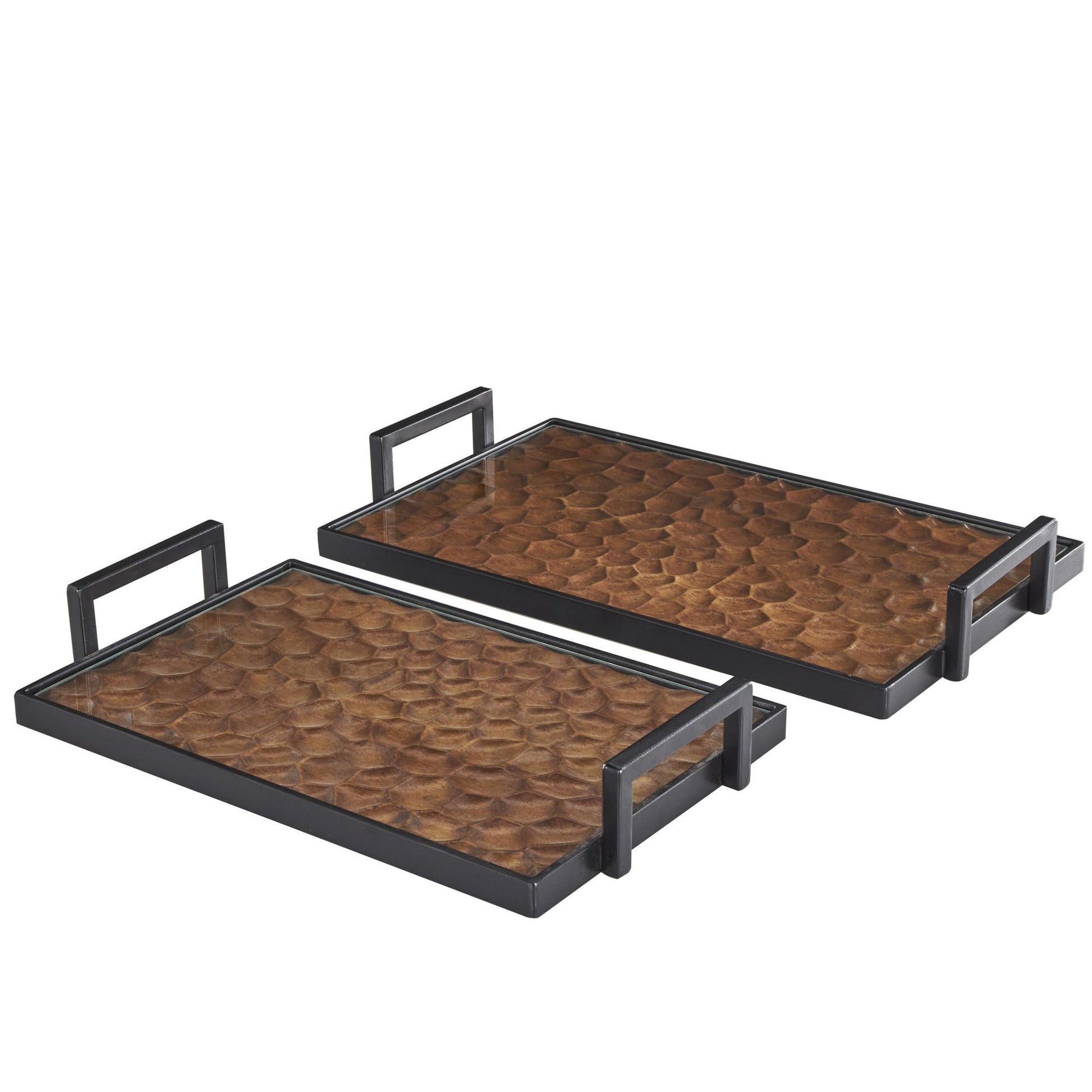 Set of 2 Brown Wood Handmade Carved Pebbled Bottom Living Room Decor Tray with Black handles