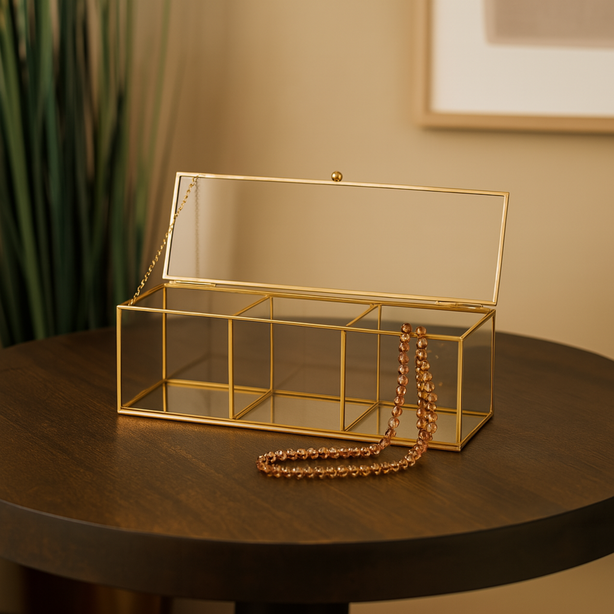 Clear Glass Slim Rectangular 3 Slot Decorative Jewelry Box with Gold Metal Frame and Chain Accent