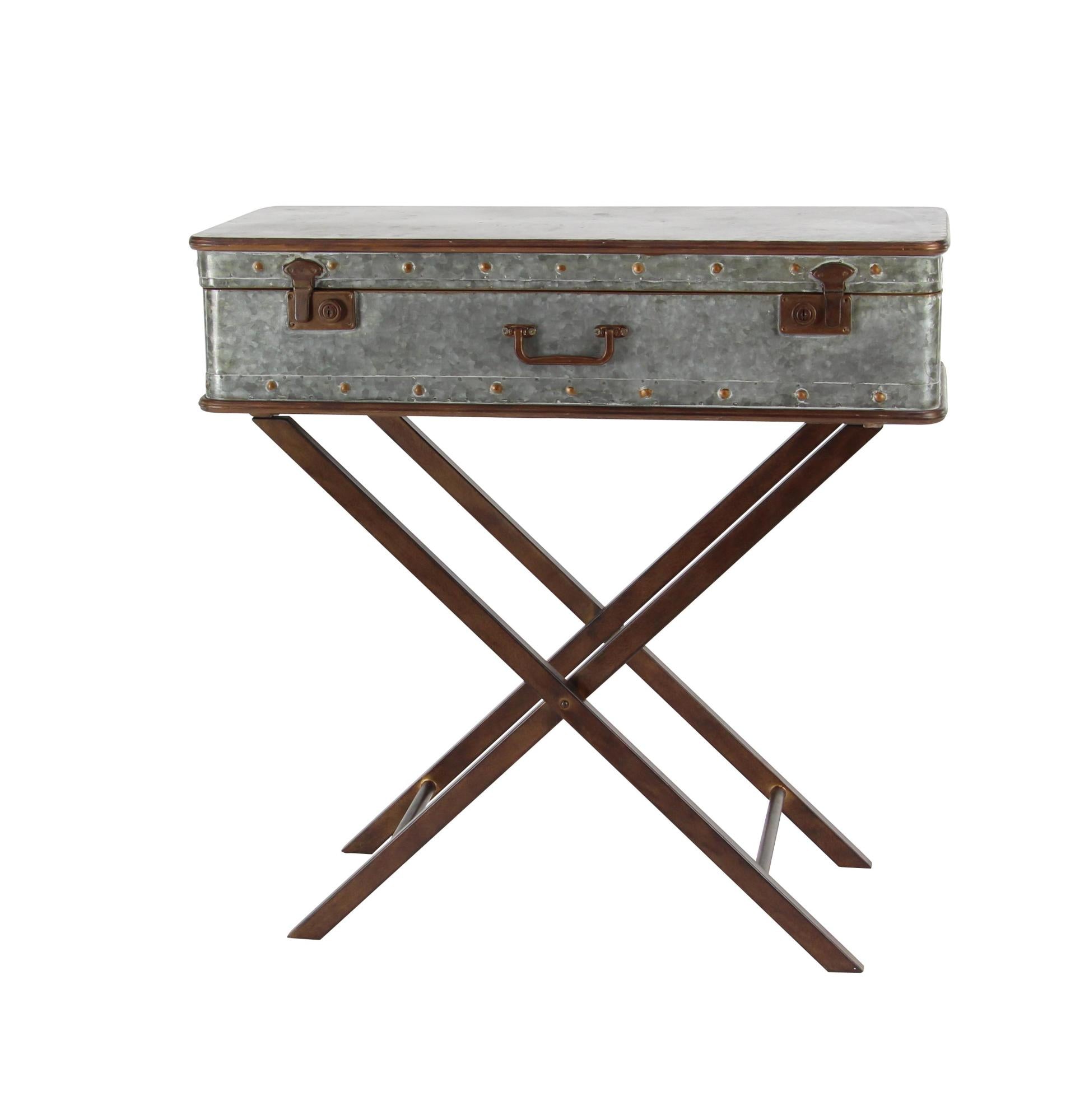 Gray Metal Side End Accent Table with Suitcase Style Top