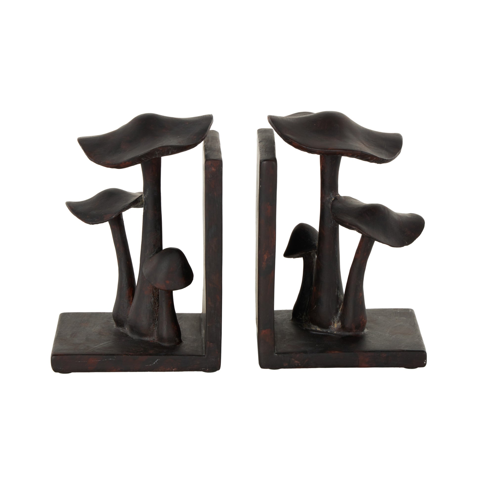 Set of 2 Mushroom Dark Brown Polyresin Decorative Bookends with Copper Shadings