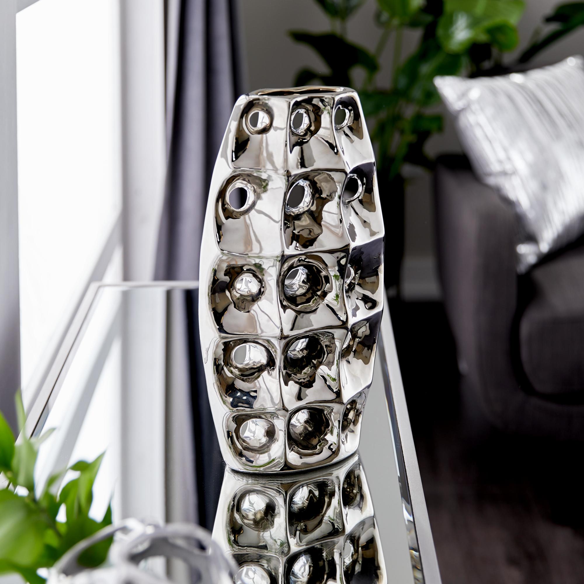 Silver Ceramic Decorative Vase with Cut Out Designs