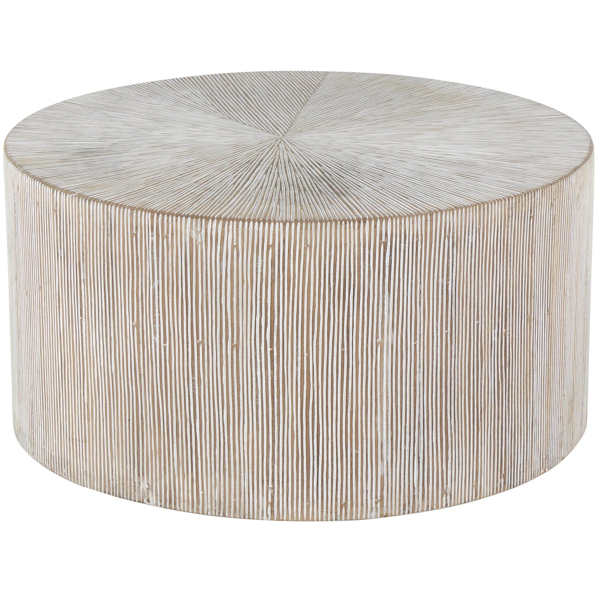 Starburst Brown Wooden Drum Living Room Coffee Table with White Accents
