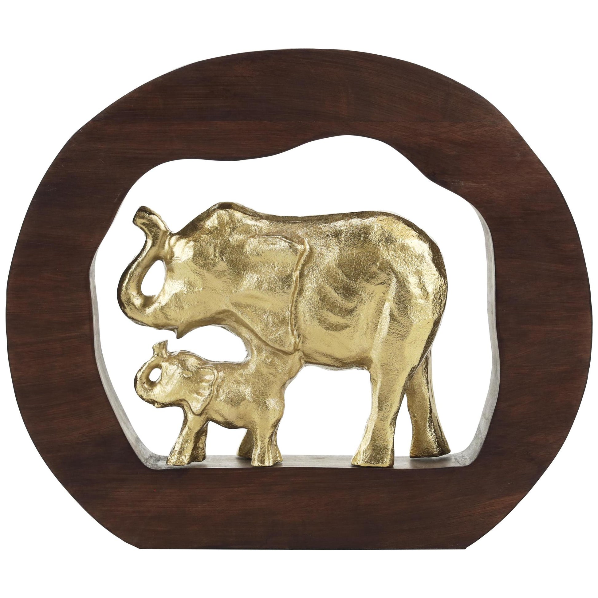 Elephant Gold Aluminum Metal Decorative Sculpture with Brown Wooden Frame