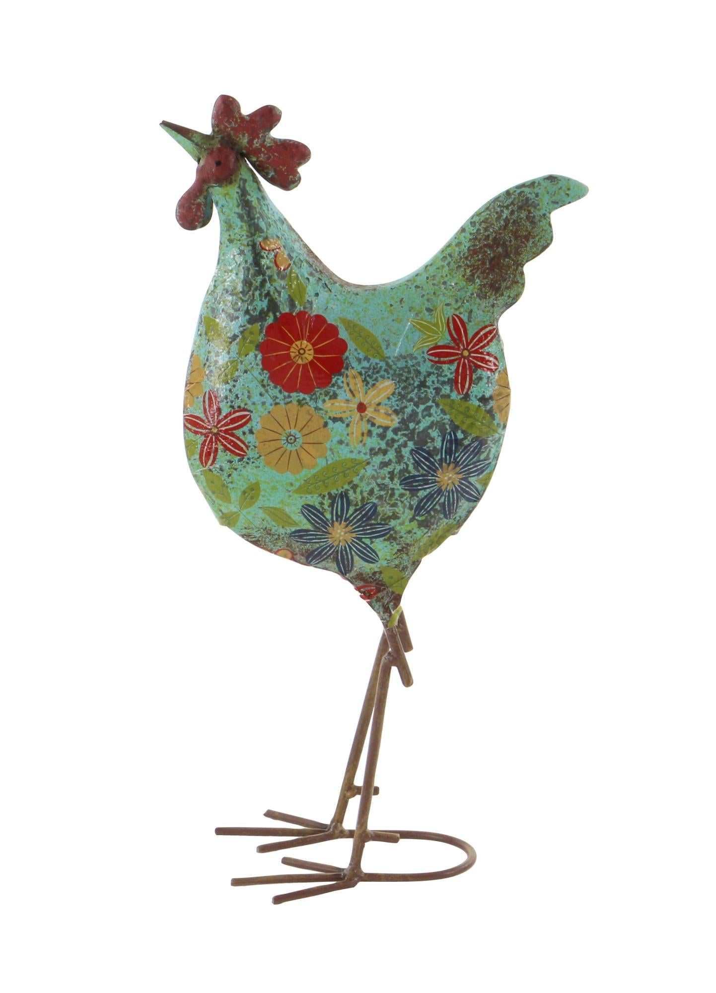Rooster Metal Indoor Outdoor Distressed Standing Decorative Garden Sculpture with U Shaped Feet