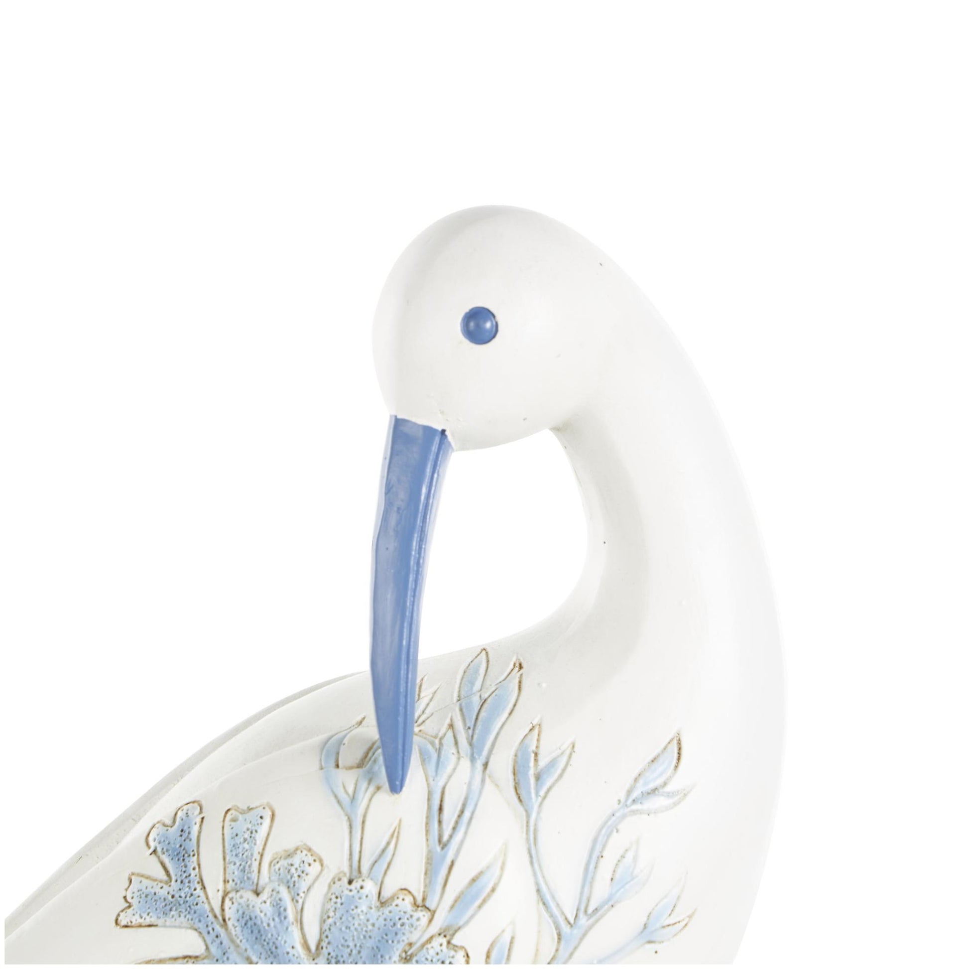 Set of 2 Bird White Polystone Decorative Sculpture with Blue Coral Patterns and Wood Inspired Bases