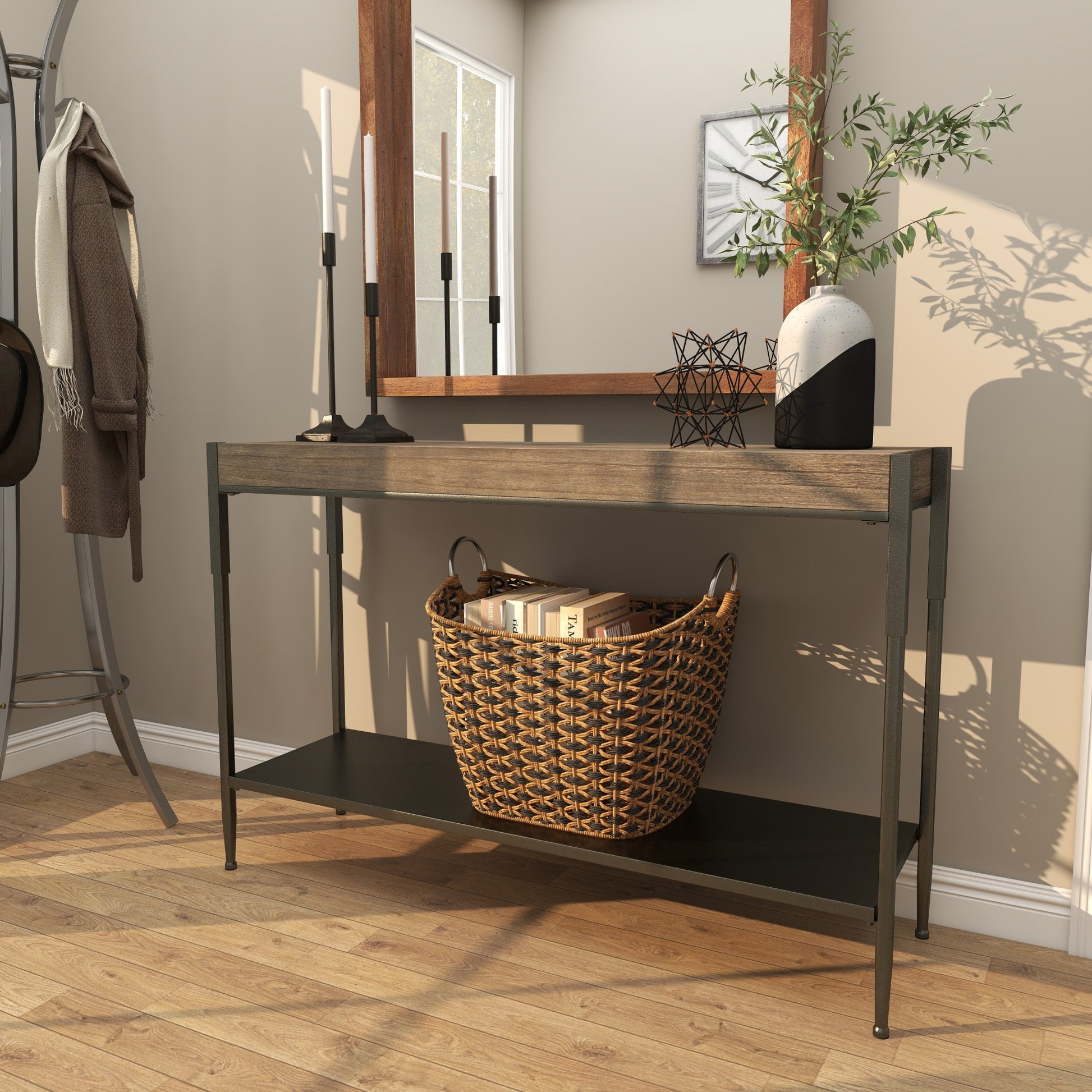 Gray Metal Shelf Living Room Console Table with Brown Wooden Top
