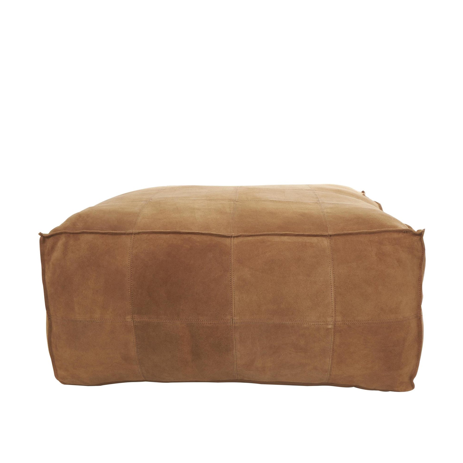 Leather Low Profile Square Stuffed Pouf with Patchwork Design