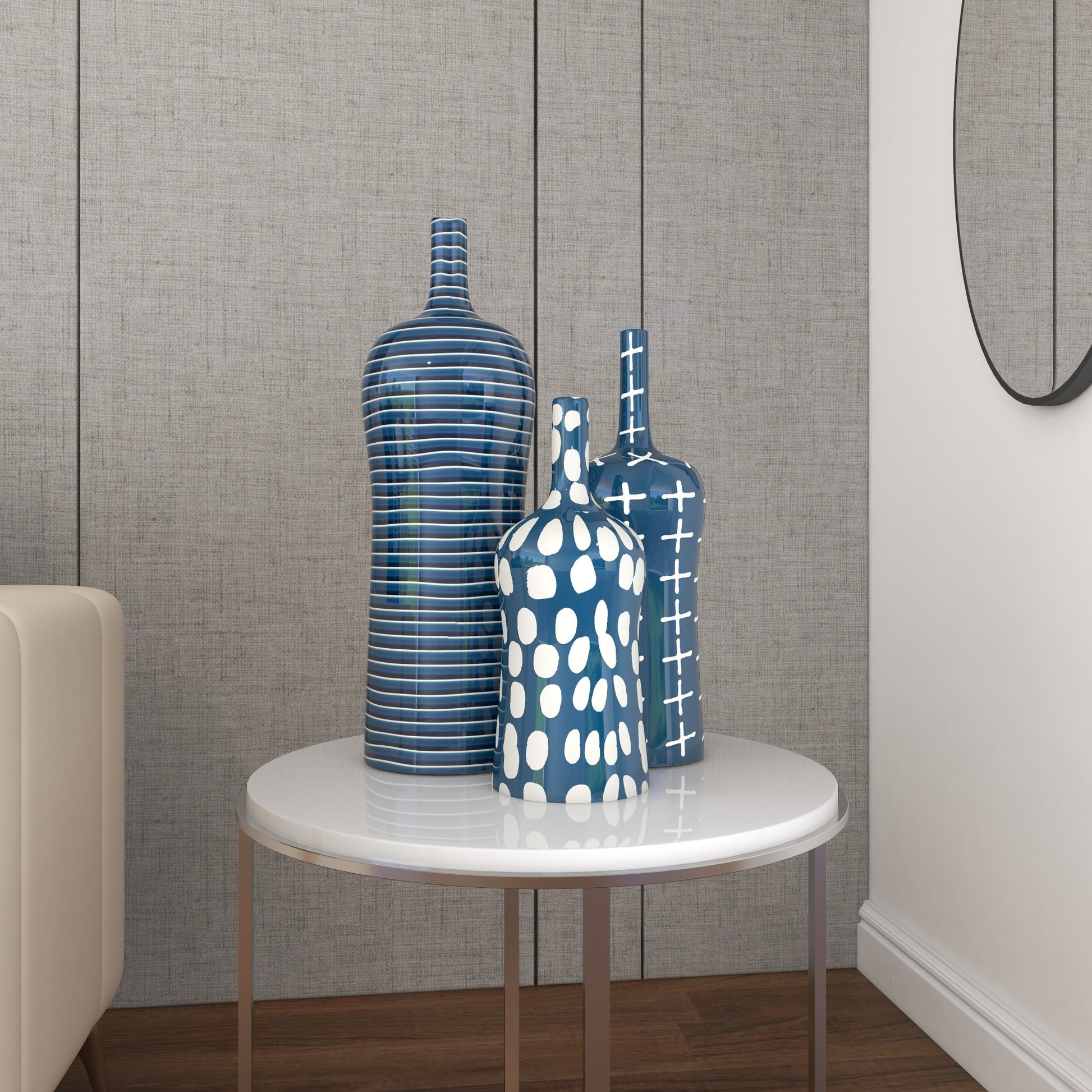 Set of 3 Blue Ceramic Decorative Vase with Varying Patterns