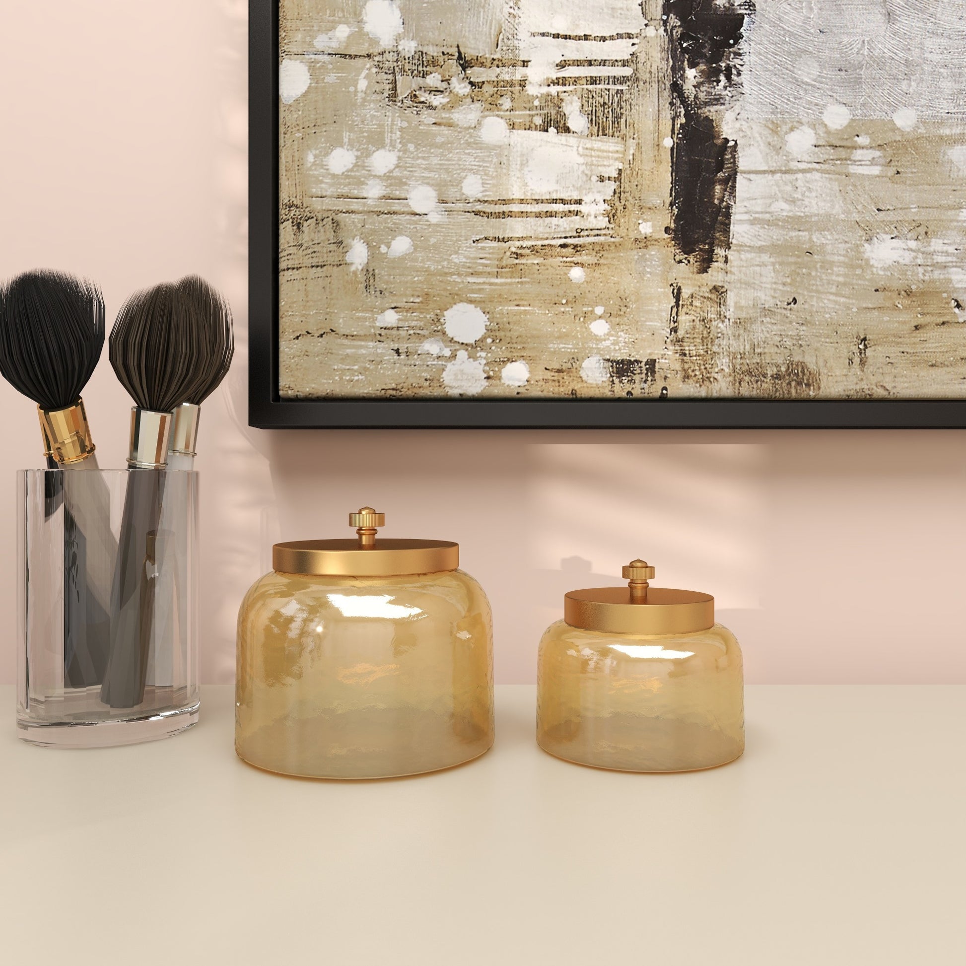 CosmoLiving by Cosmopolitan Set of 2 Gold Glass Living Room Decorative Jars with Metal Lids