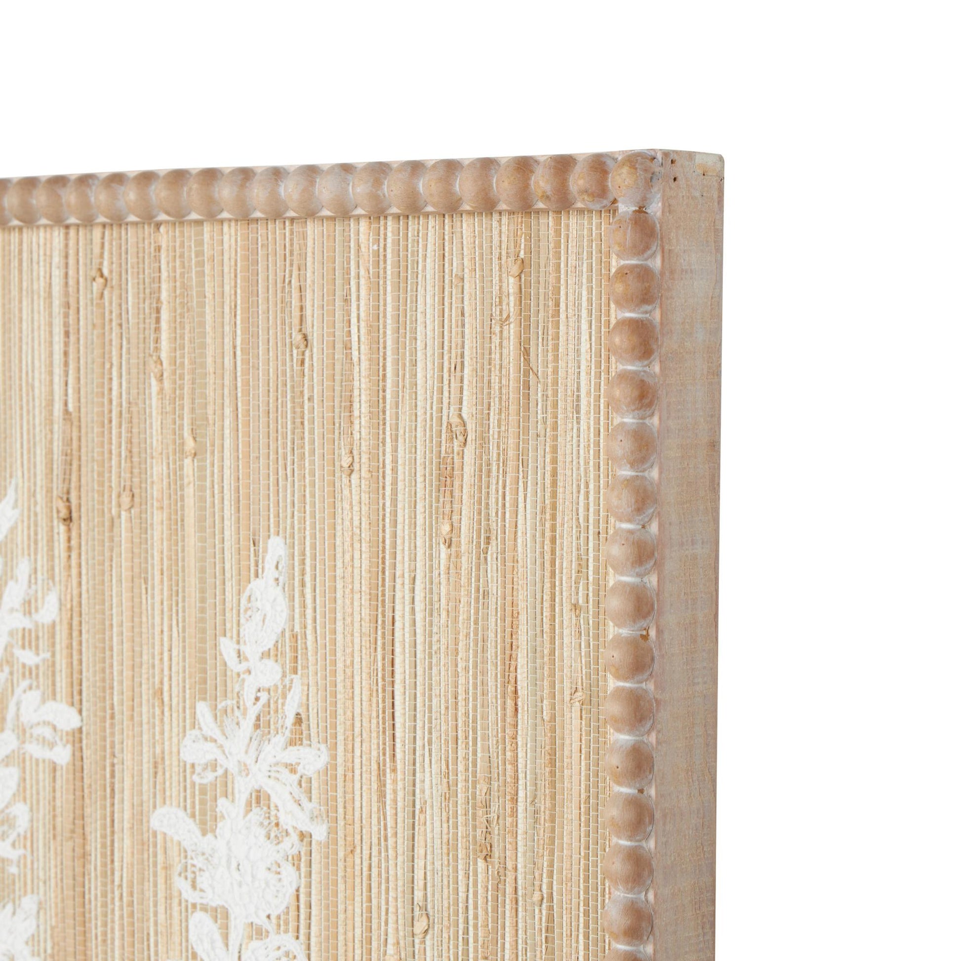 Floral Cream Wood Textured Living Room Framed Wall Art with White Painted Accents and Beaded Frame