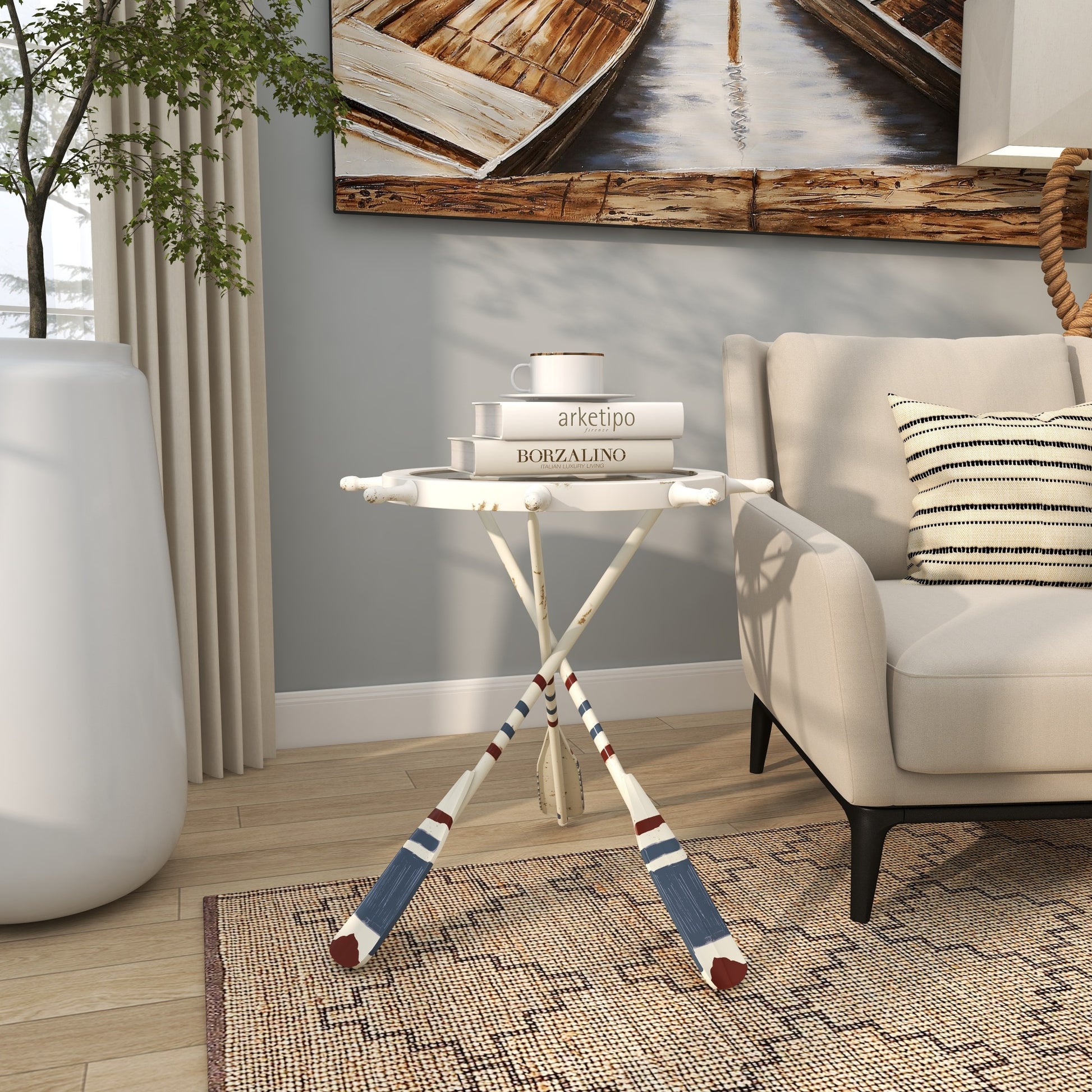 Ship Wheel White Metal Top Side End Accent Table with Oar Shaped Legs