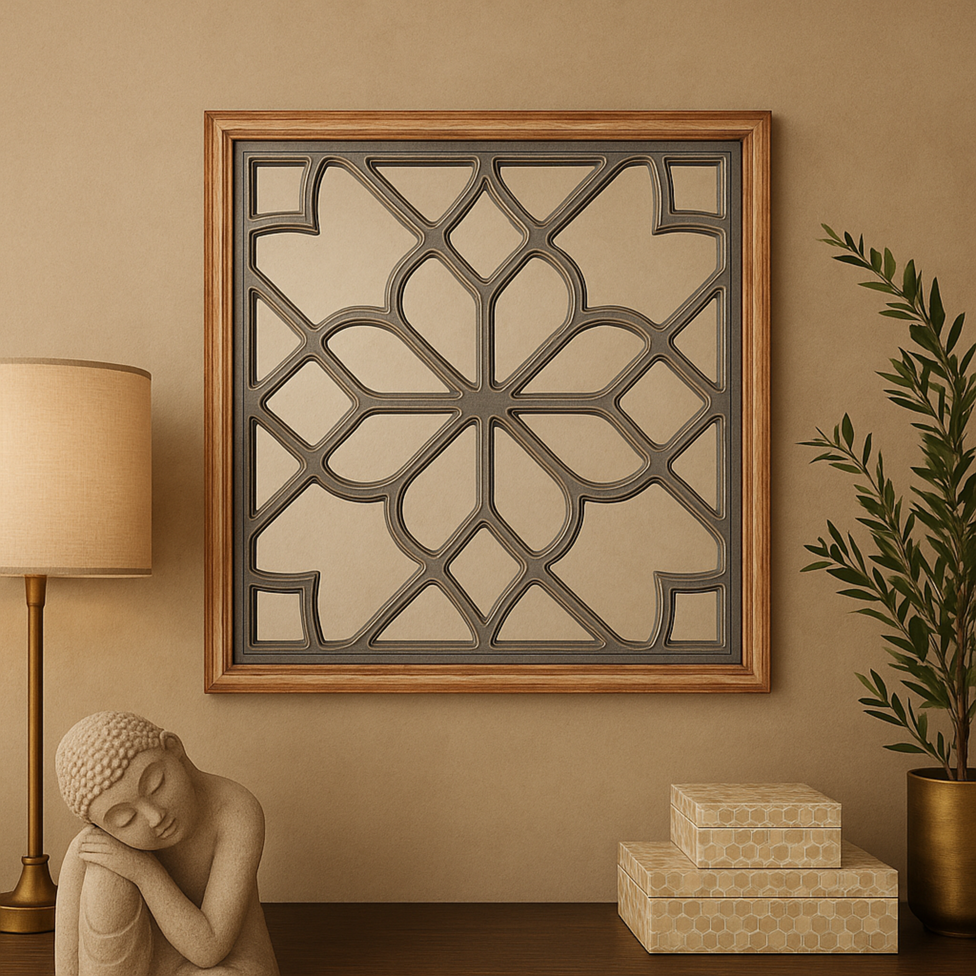 Floral White Wood Room Wall Mirror with Carved Overlay and Brown Frame