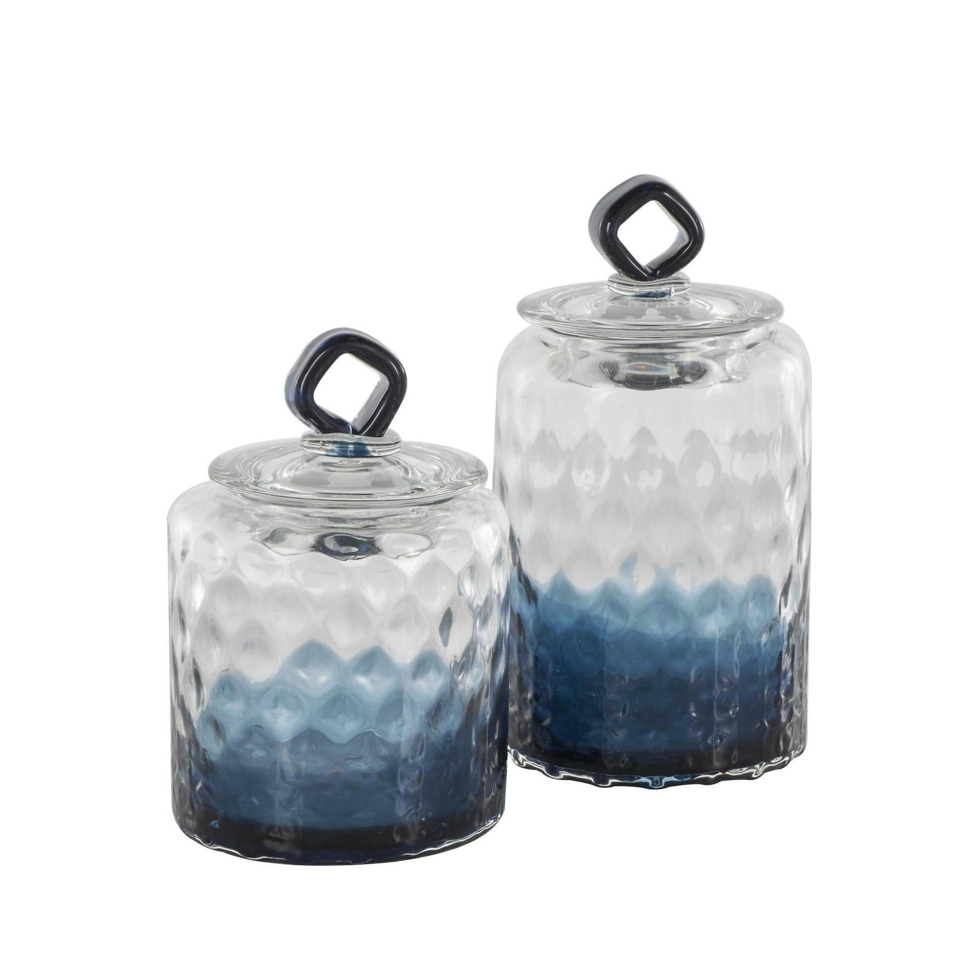 Set of 2 Geometric Dark Blue Glass Faceted Ombre Living Room Decorative Jars with Diamond Knobs