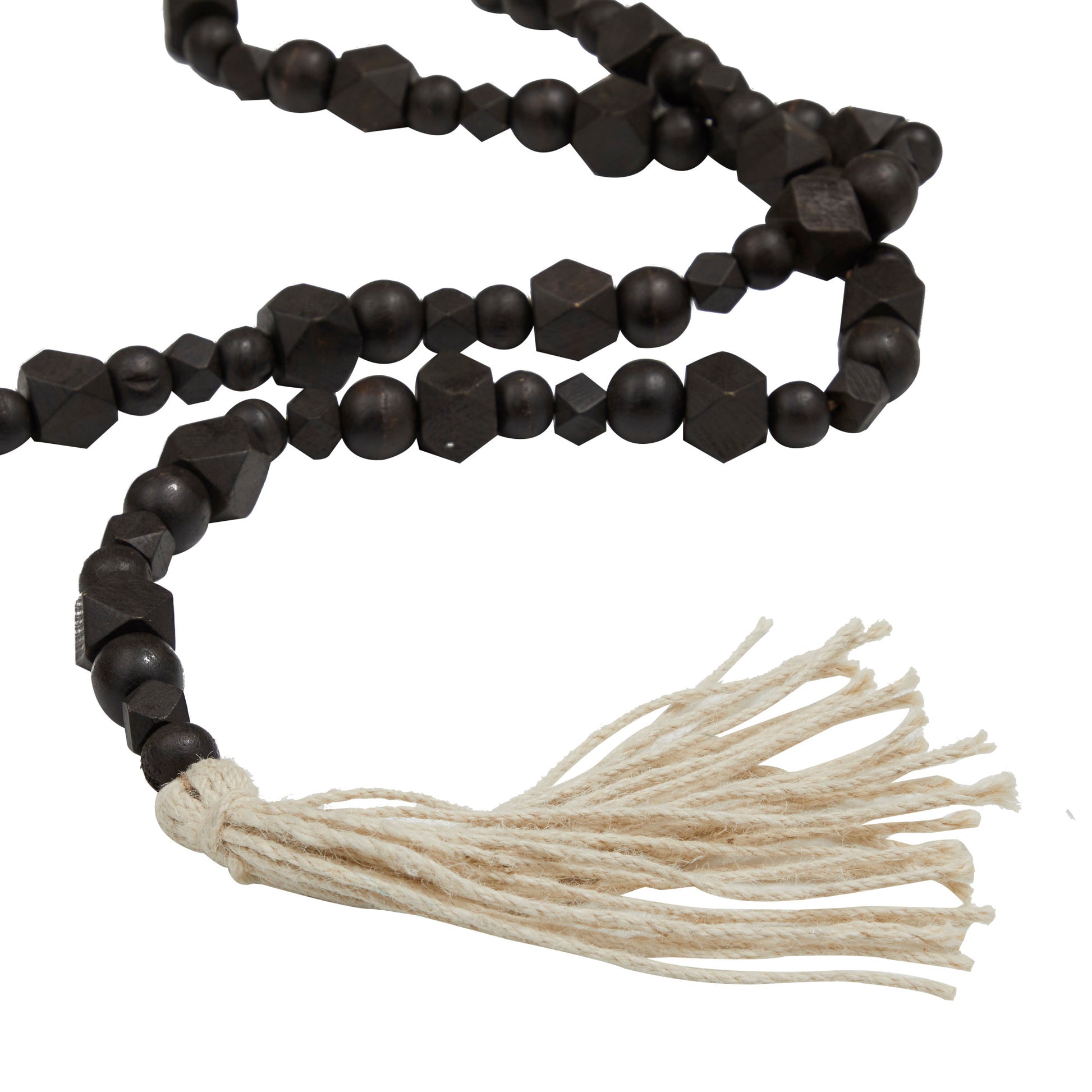 Mango Wood Handmade Hexagon Carved Geometric Long Beaded Garland with Tassel