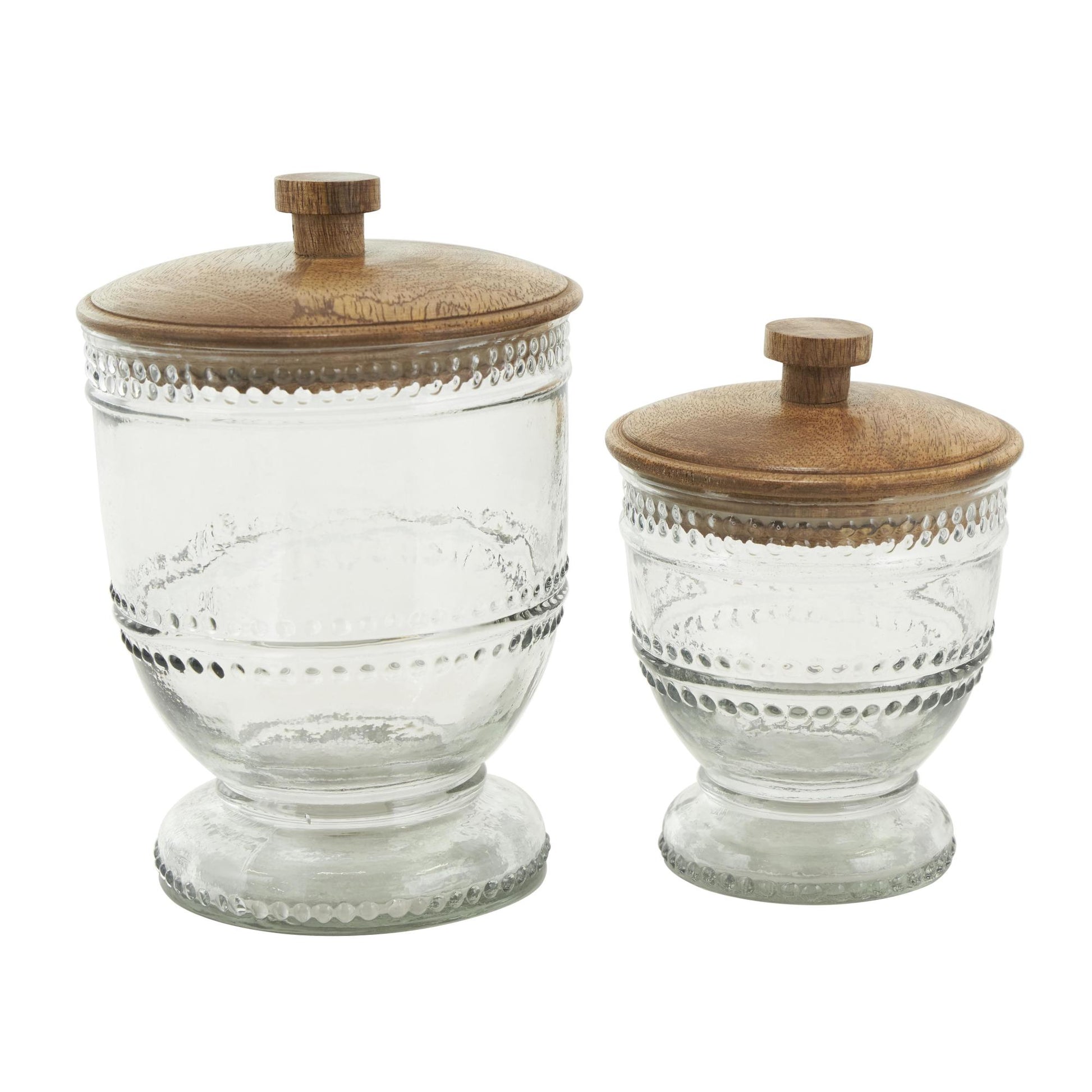 Set of 2 Clear Glass Beaded Living Room Decorative Jars with Wood Lids