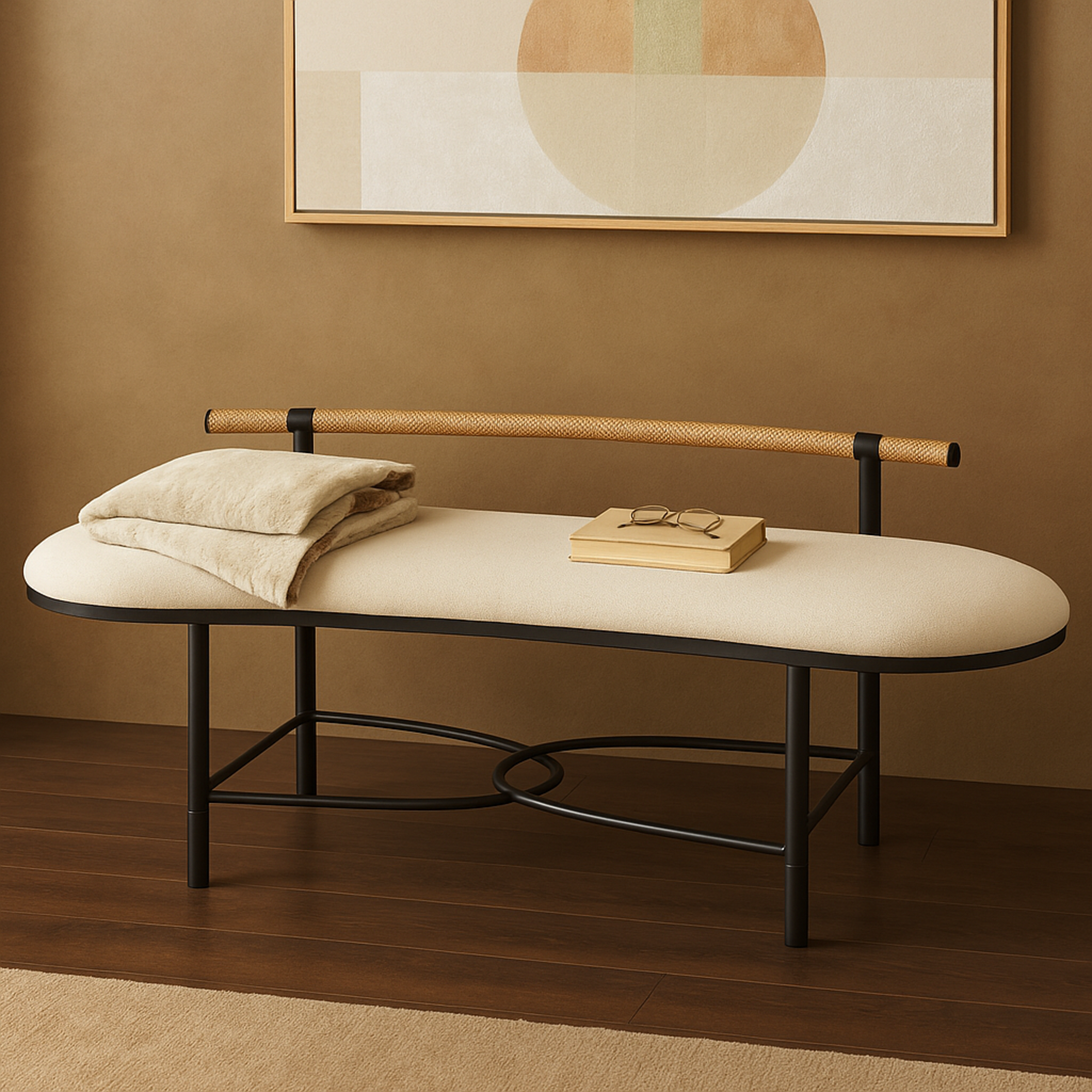Abstract White Fabric Upholstered Oval Home Bench with Black Metal Frame and Rope Rod Backrest