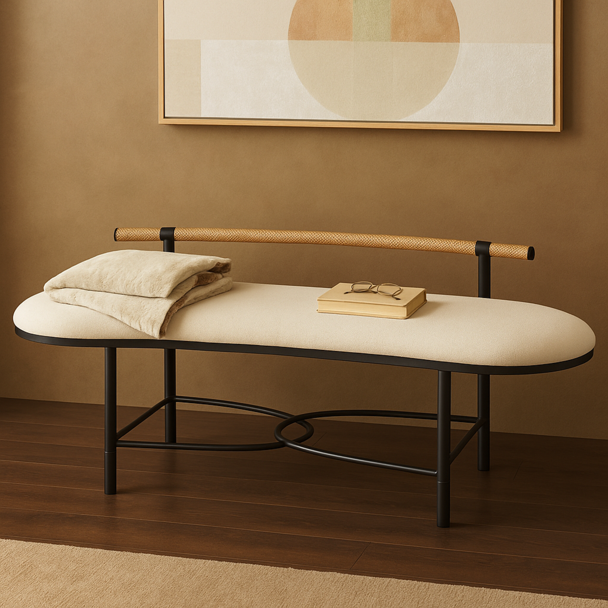 Abstract White Fabric Upholstered Oval Home Bench with Black Metal Frame and Rope Rod Backrest