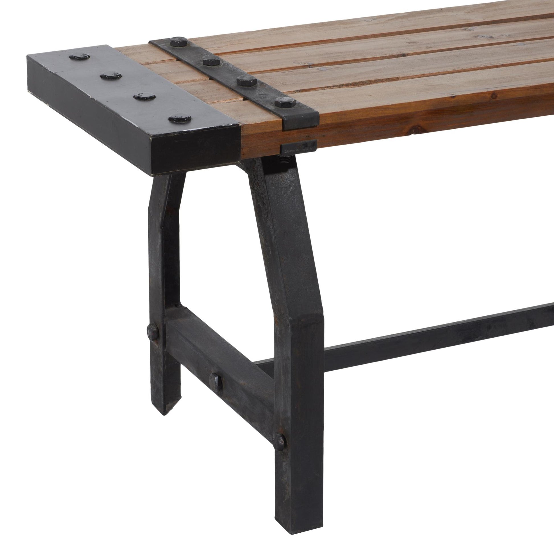 Brown Wood Slatted Home Bench with Black Metal Base and Studs
