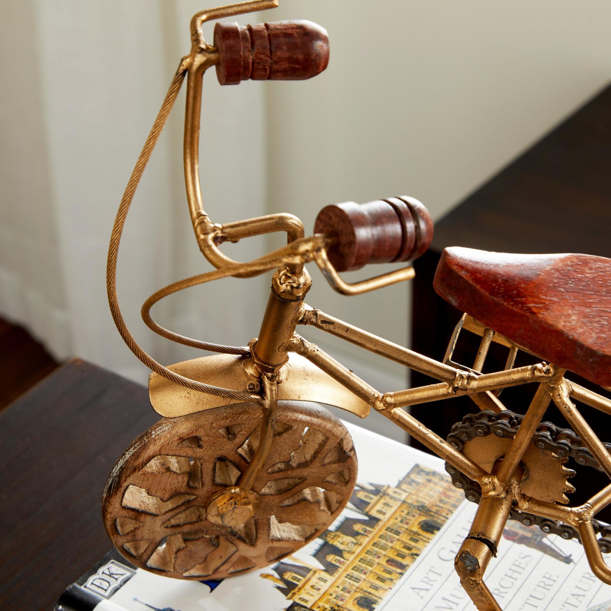 Set of 2 Bike Multi Colored Metal Decorative Sculpture with Wood Wheels