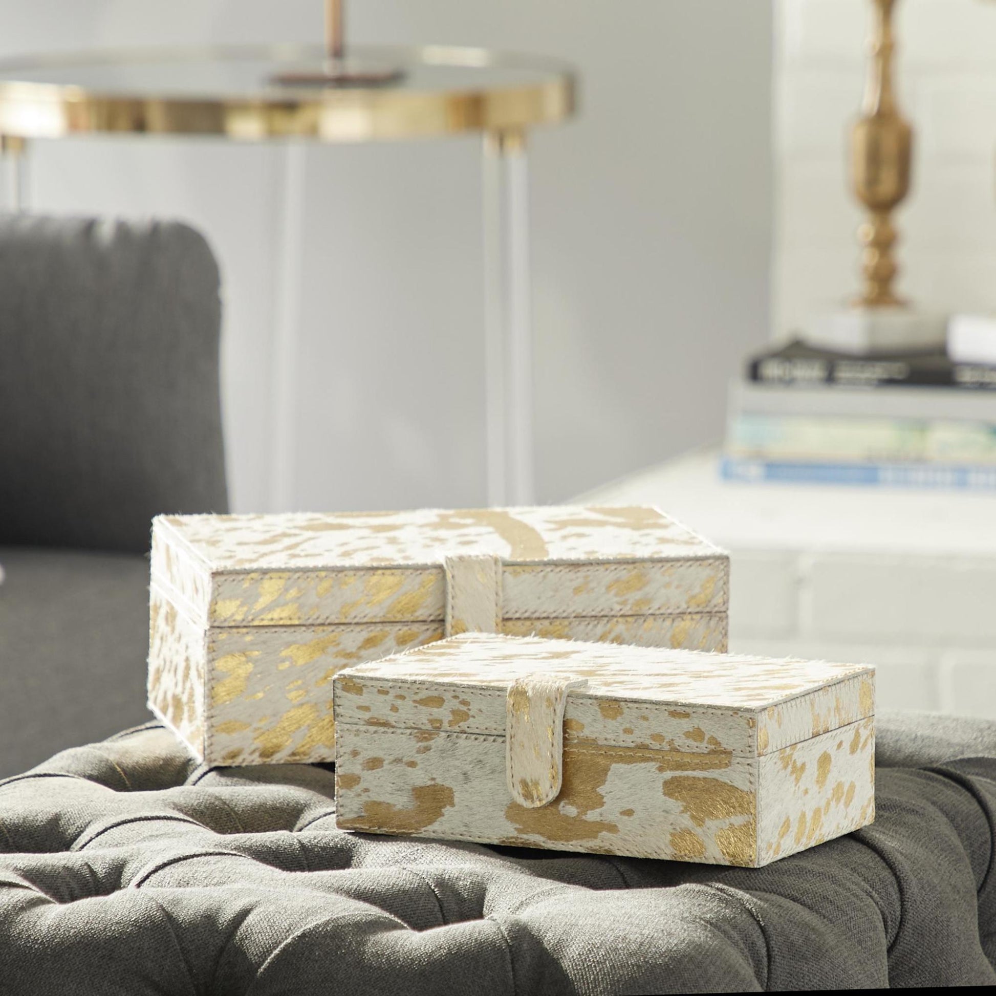 Set of 2 Leather Handmade Decorative Box with Snap Front Closure and Detailed Stitching