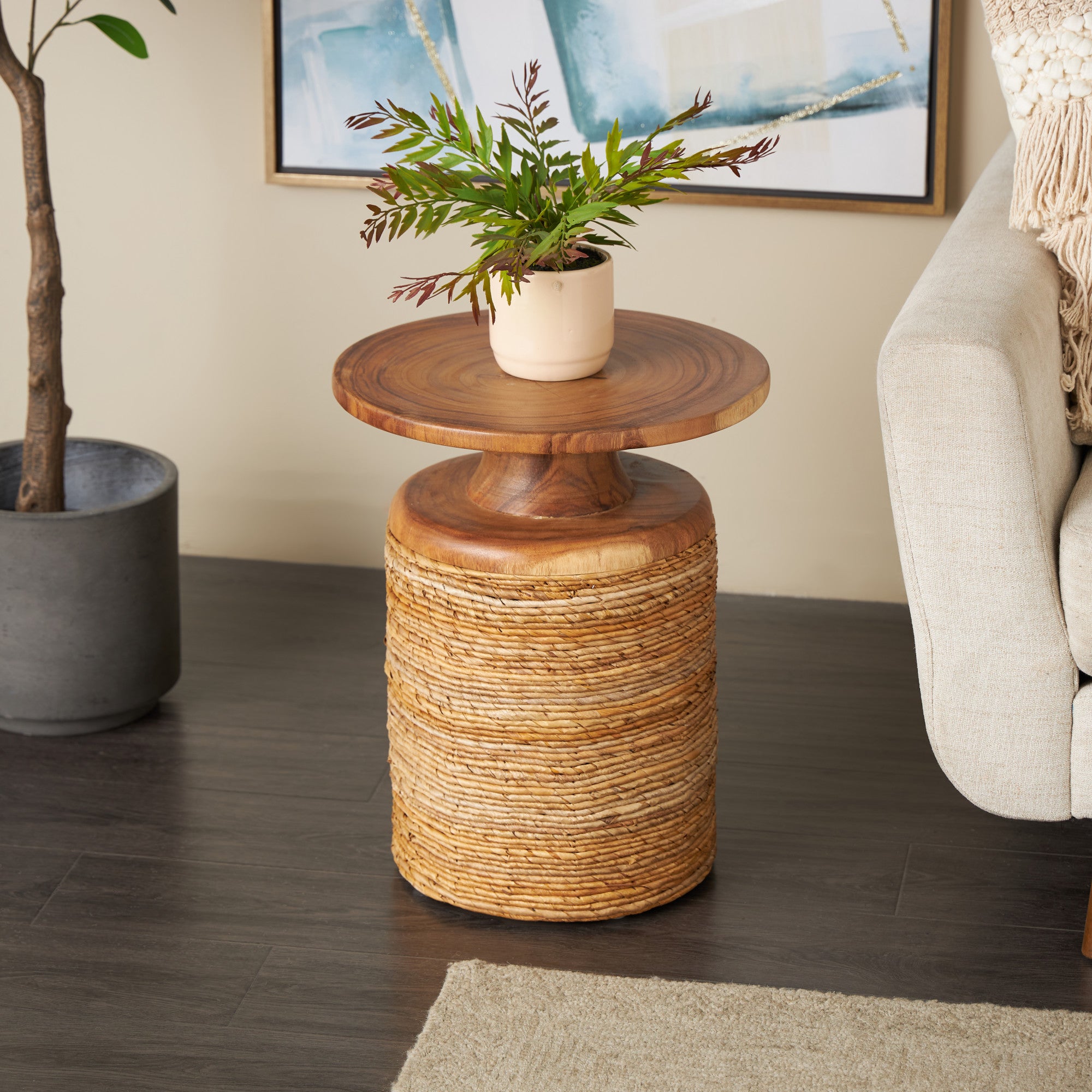 Brown Banana Leaf Handmade Woven Side End Accent Table with Wooden Tabletop