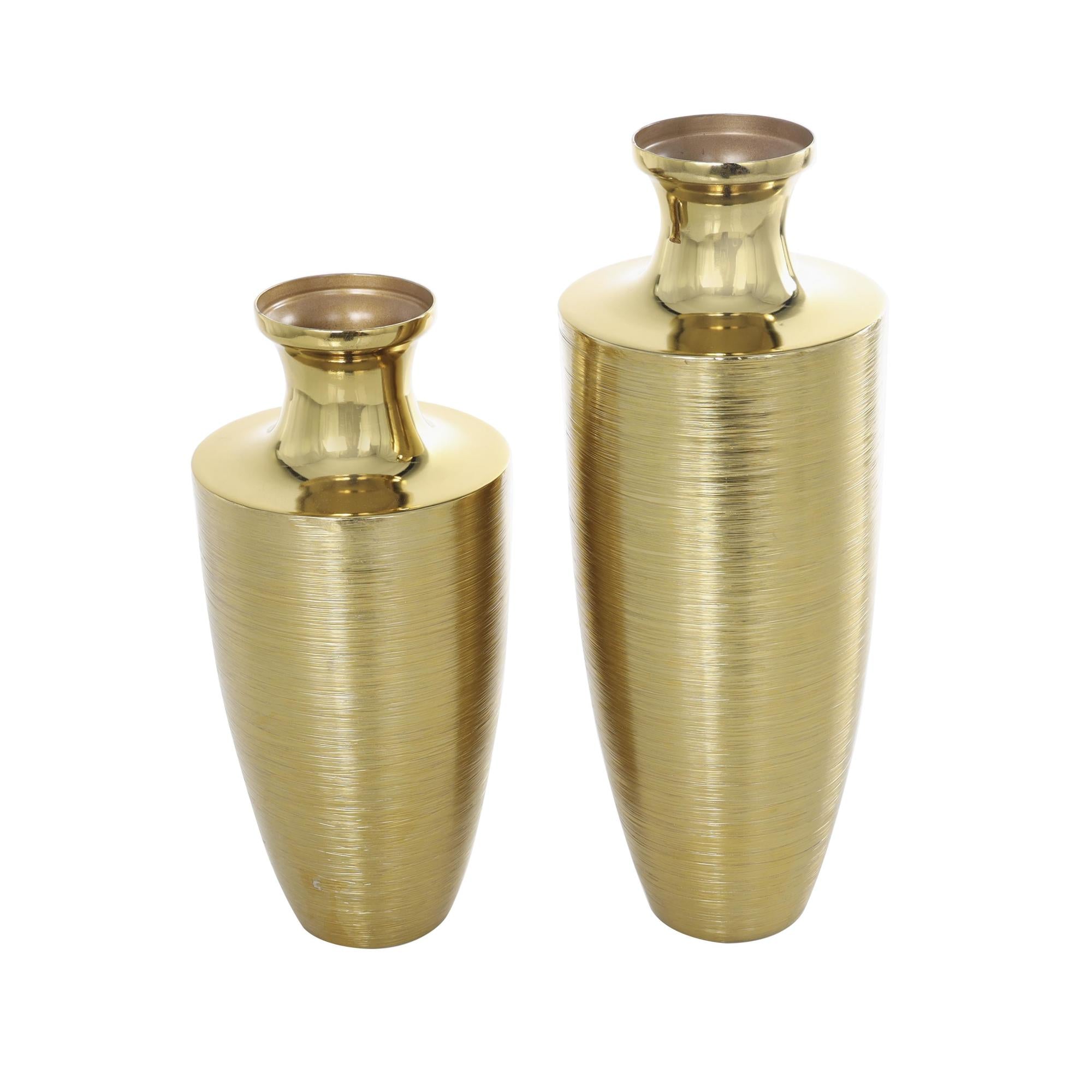Set of 2 Gold Aluminum Metal Brushed Textured Decorative Vase