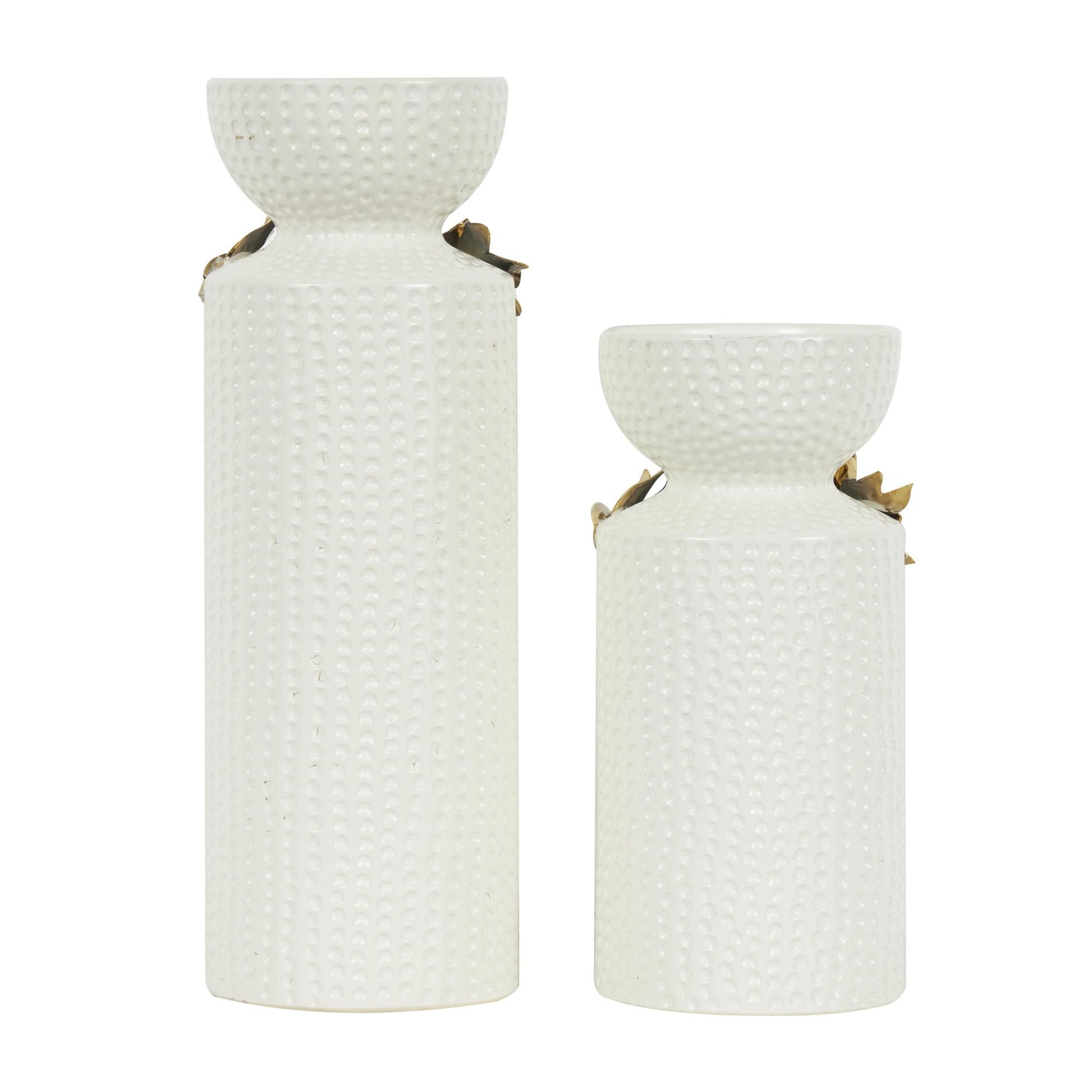 Set of 2 Leaf White Ceramic Decorative Candle Holder with Abstract Spotted Pattern and Gold Accents