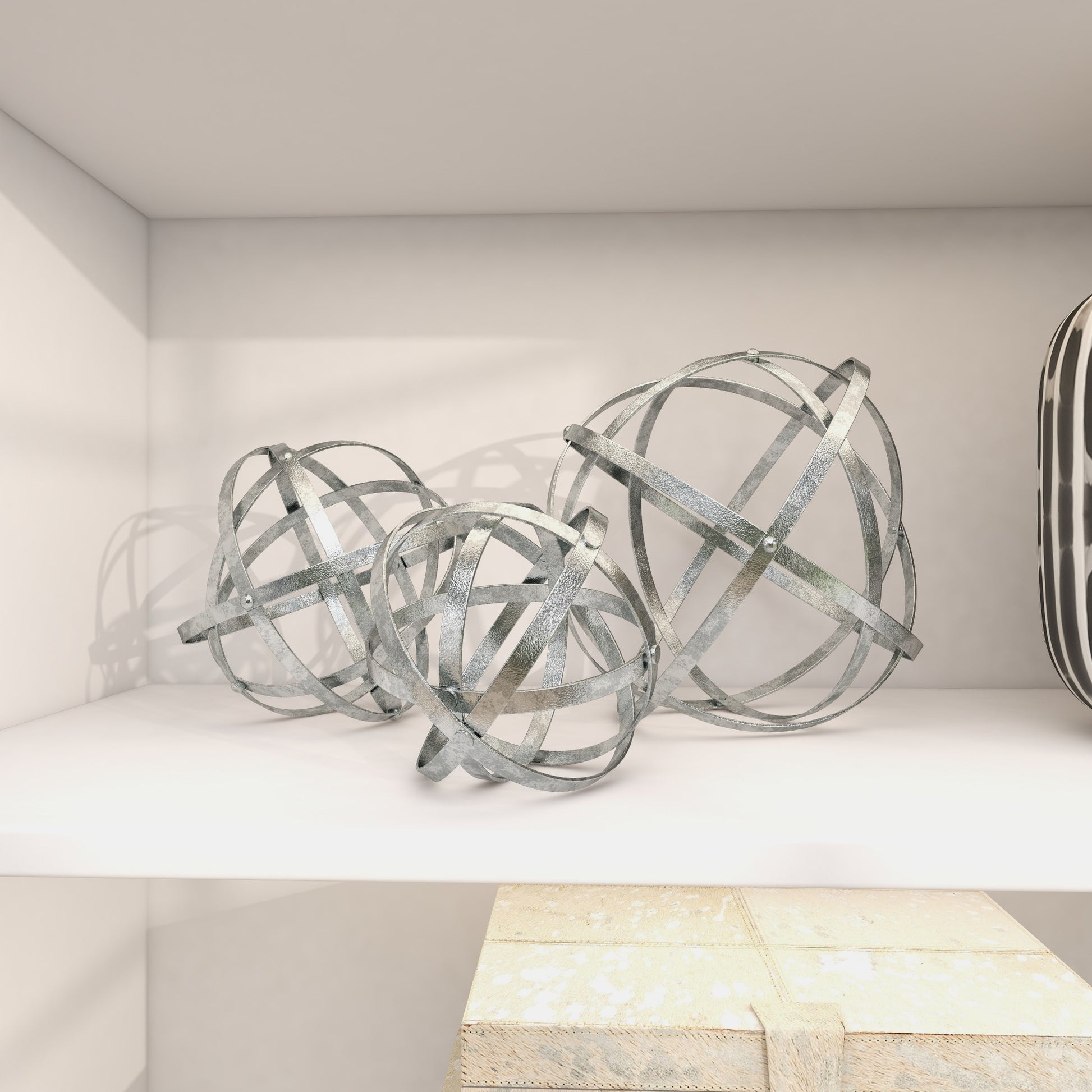 Set of 3 Geometric Silver Metal Decorative Sculpture