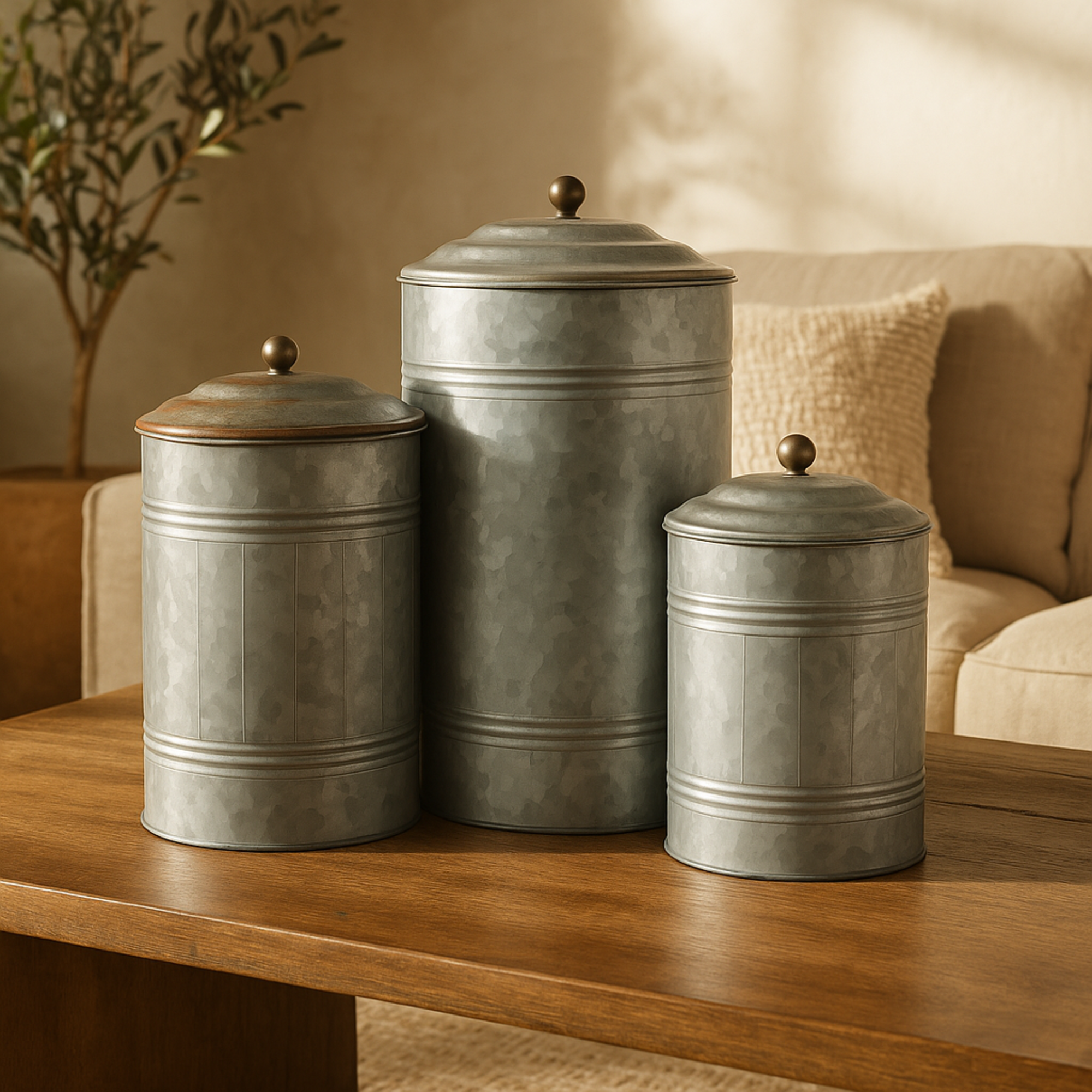 Set of 3 Gray Metal Galvanized Ribbed Living Room Decorative Jars with Gold Ball Knobs
