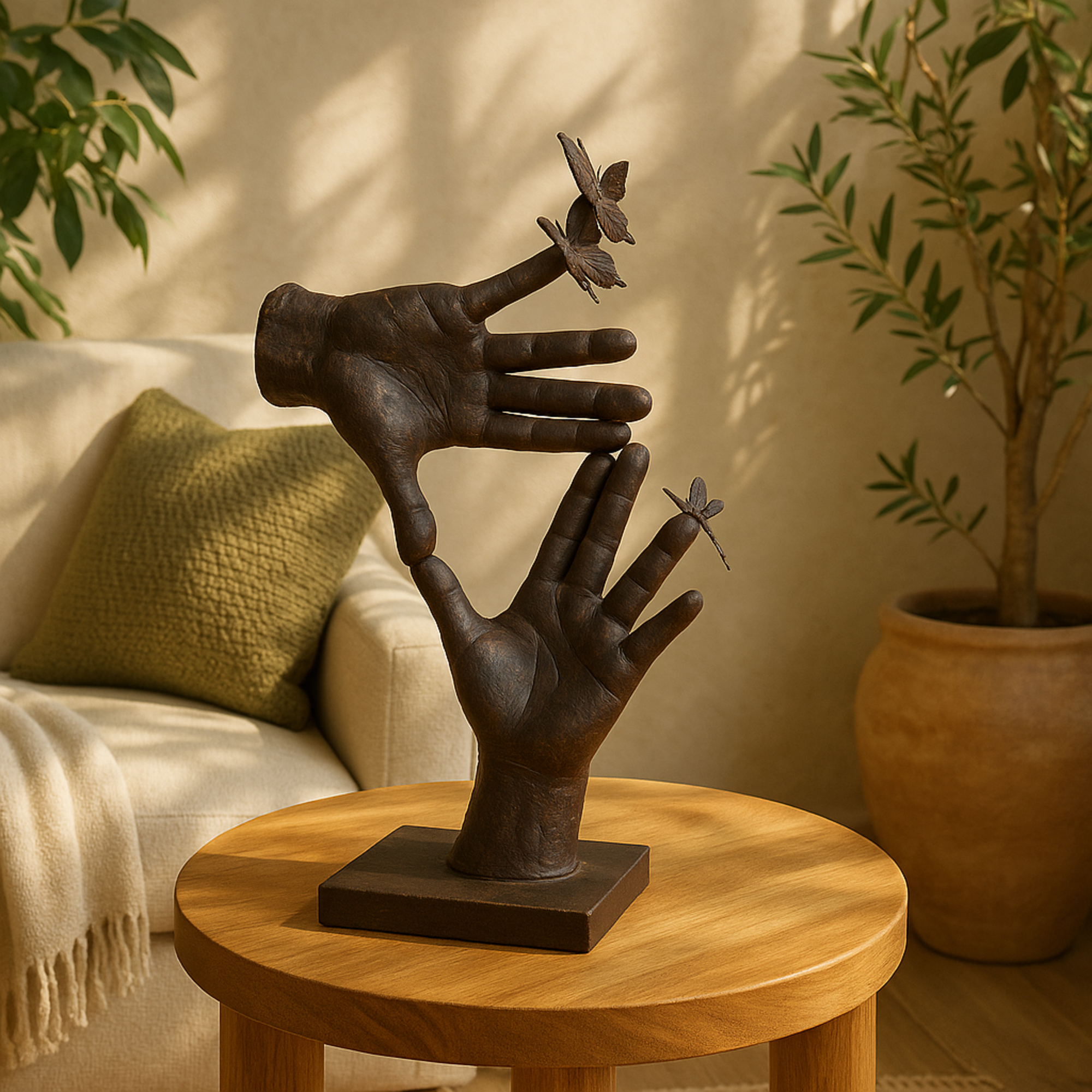 Hands Dark Brown Polystone Sign Decorative Sculpture with Butterrfly Accents