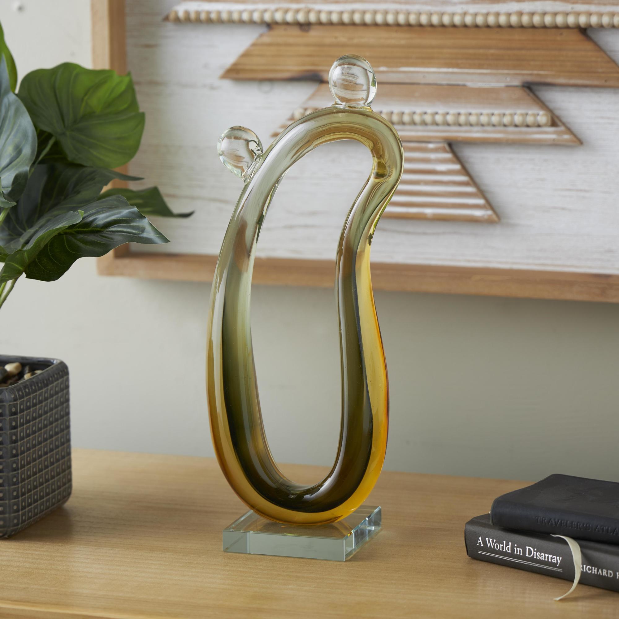 Abstract Orange Glass Curved Cutout Ombre Decorative Sculpture with 2 Small Orbs