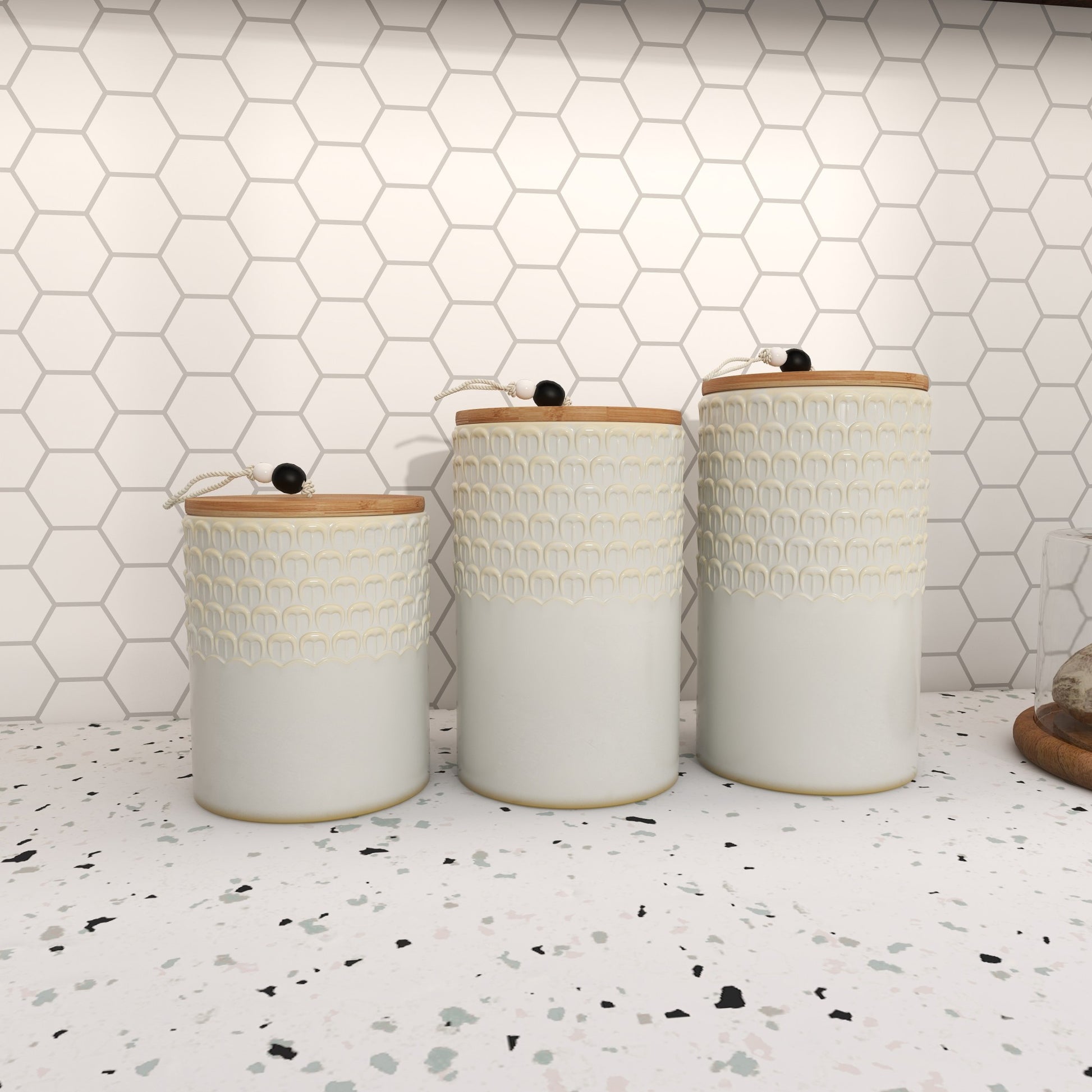 Set of 3 White Ceramic Textured Living Room Decorative Jars with Wood Lids and Black Beaded Accents