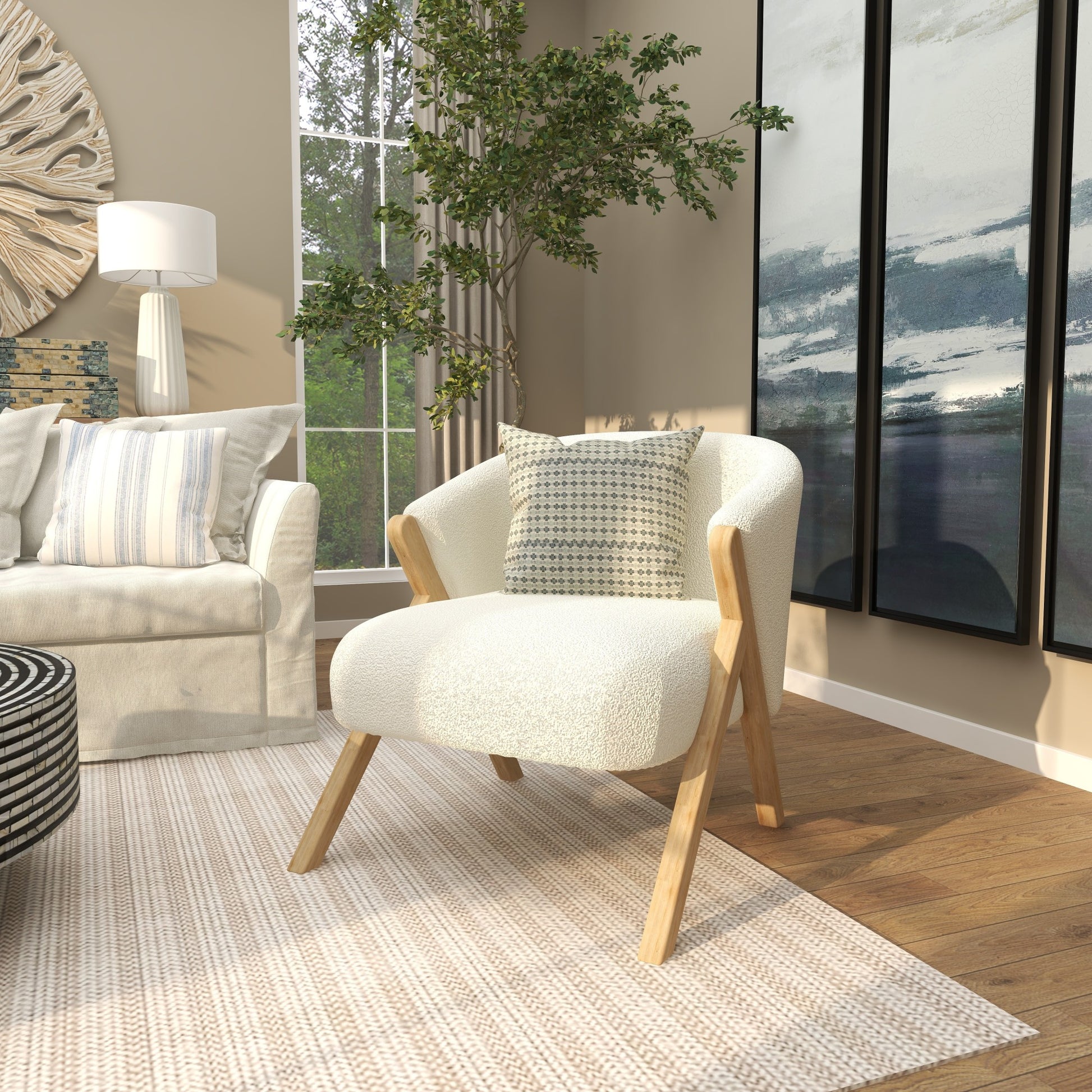 White Polyester Rounded Boucle Living Room Accent Chair with Angled Wooden Legs
