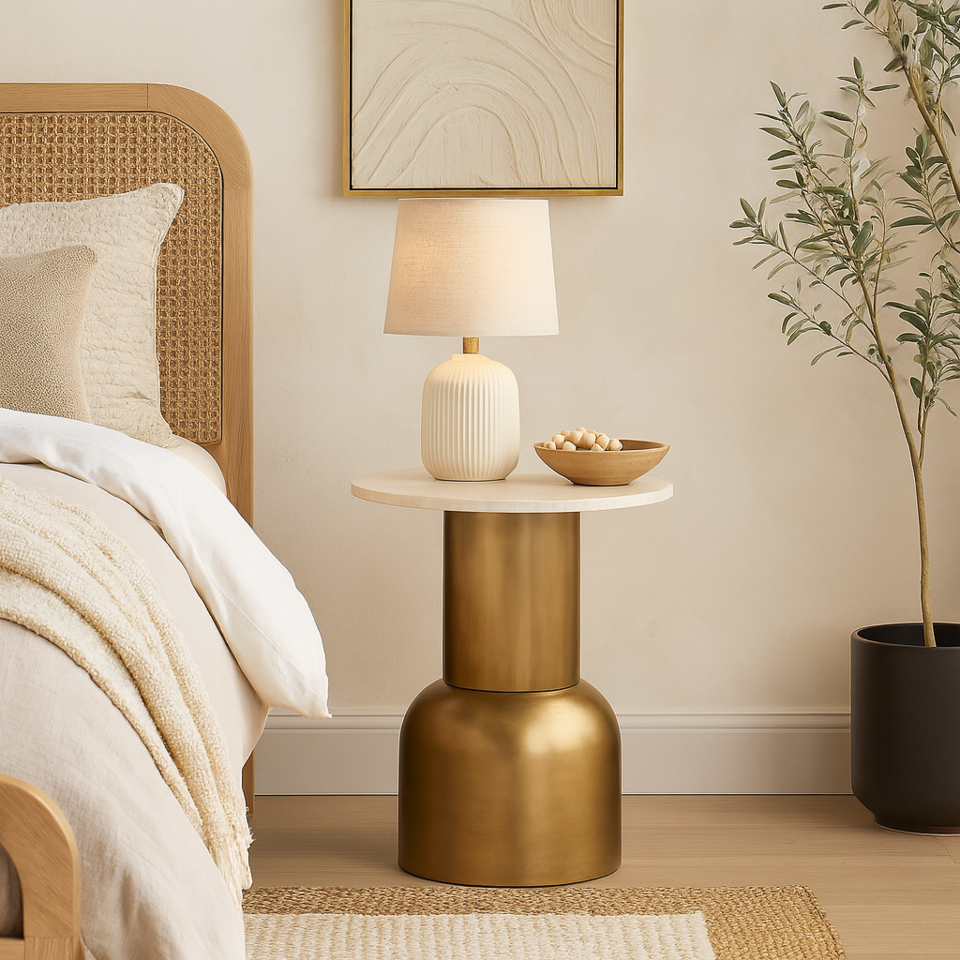 Gold Metal Pedestal Side End Accent Table with Cream Marble Tabletop