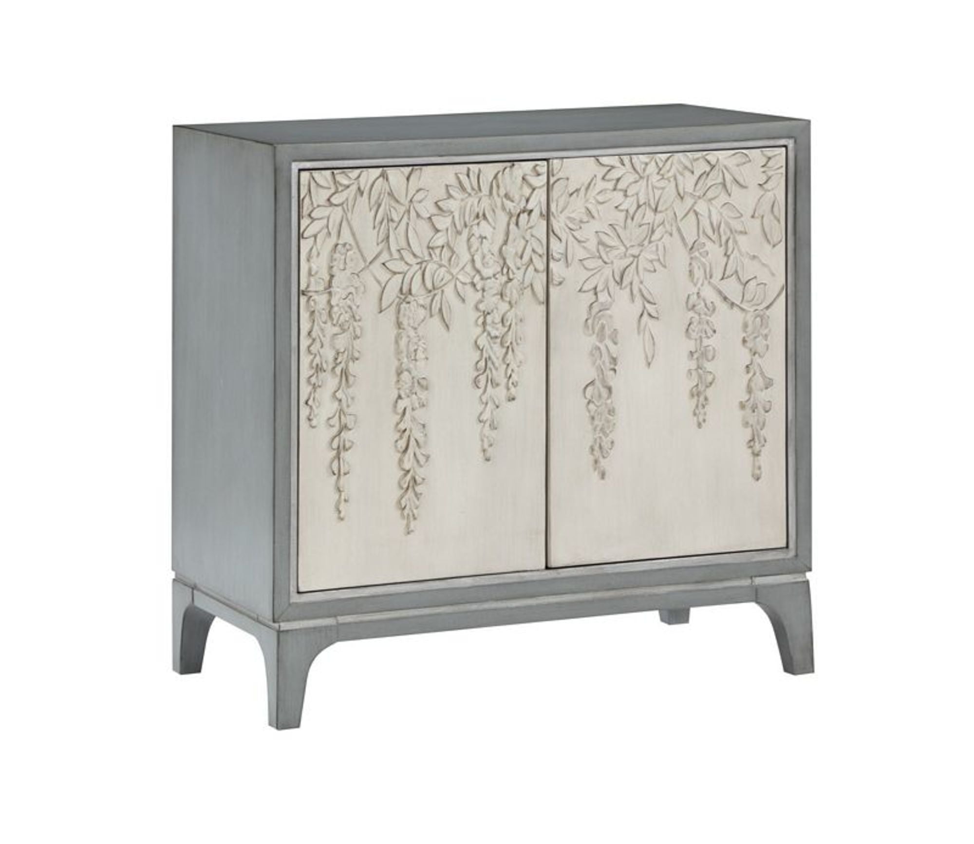 Floral Gray Wooden Relief 2 Door Room Cabinet with Cream Front Doors and Cascading Leaf Design