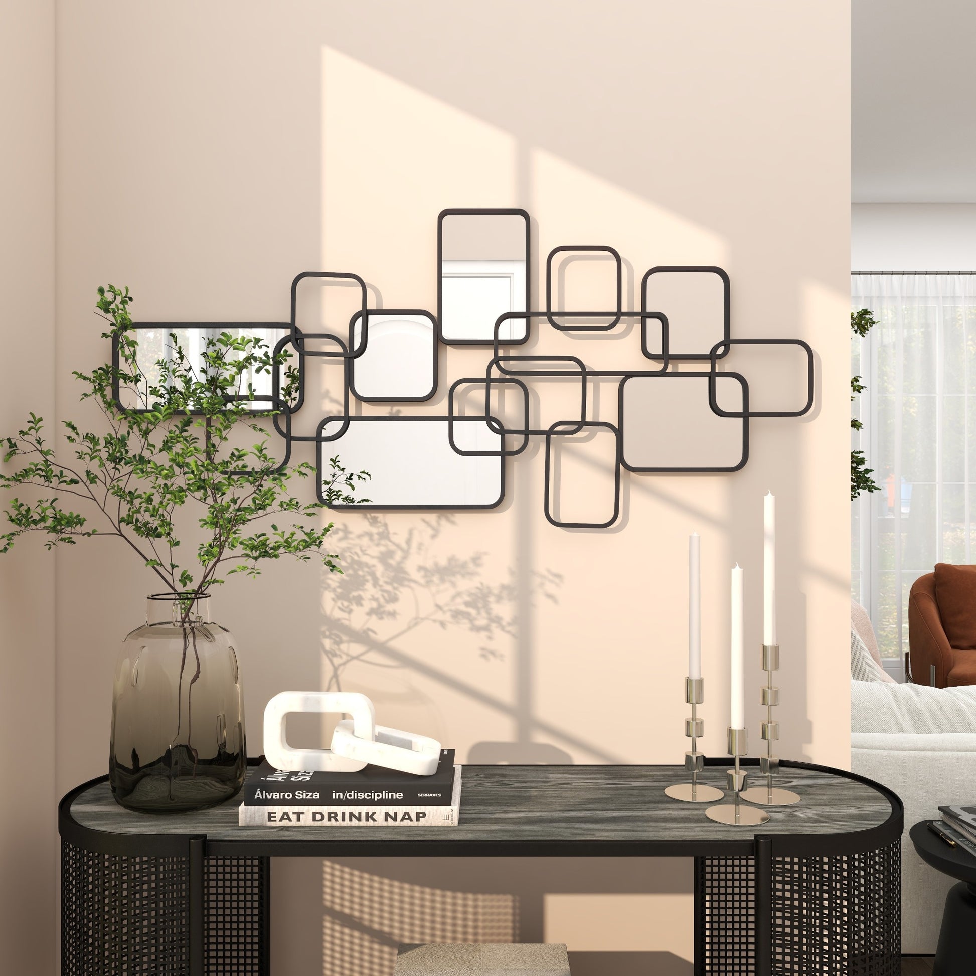 CosmoLiving by Cosmopolitan Geometric Black Metal Overlapping Rectangle Room Wall Mirror with Wire Rod Outlines