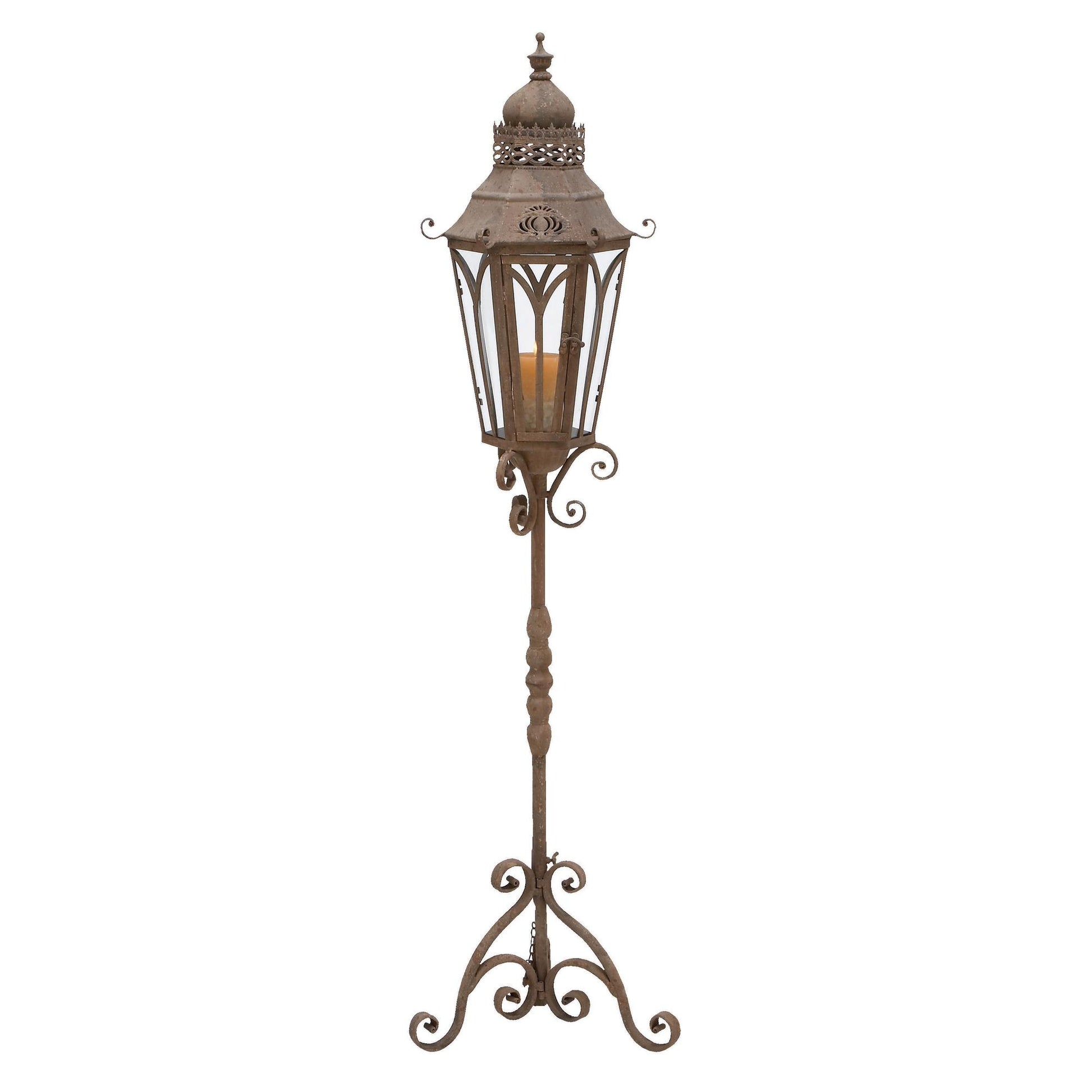 Scroll Brown Metal Weathered Antique Tall Standing Floor Indoor Outdoor Candle Lantern