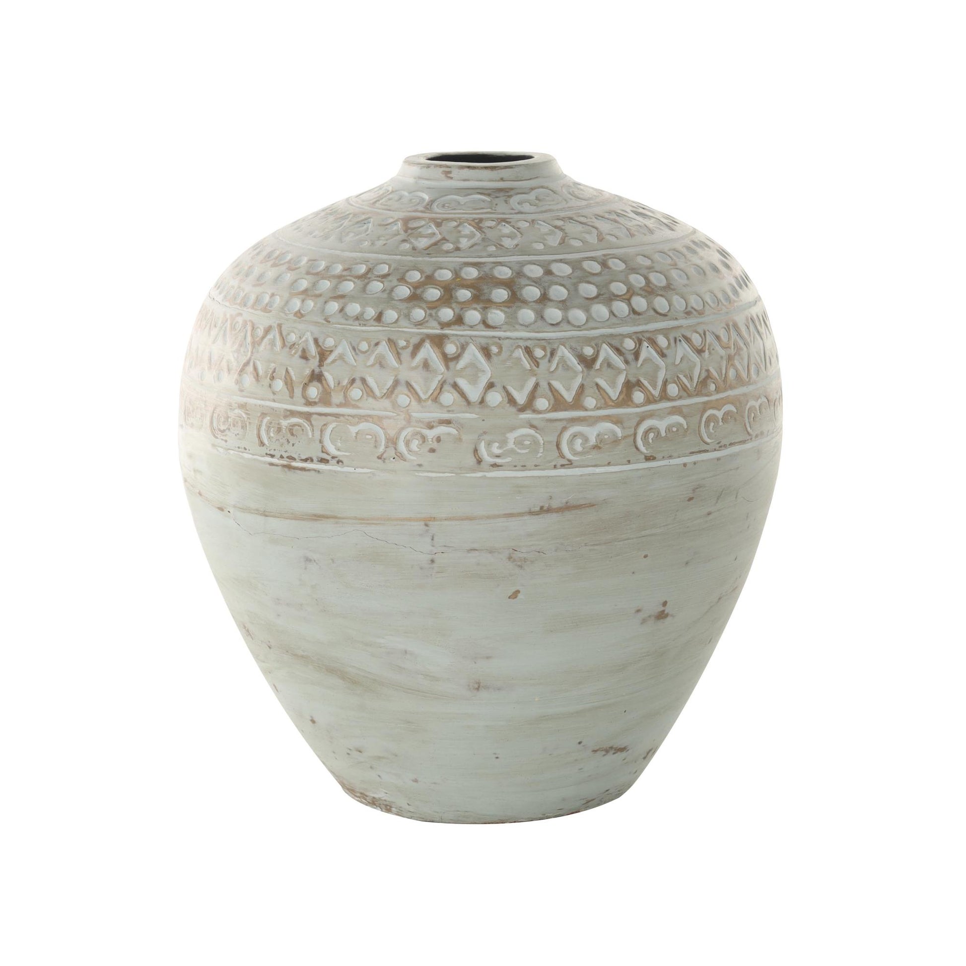 Green Ceramic Handmade Antique Style Wide Rounded Decorative Vase with Geometric Tribal Carvings