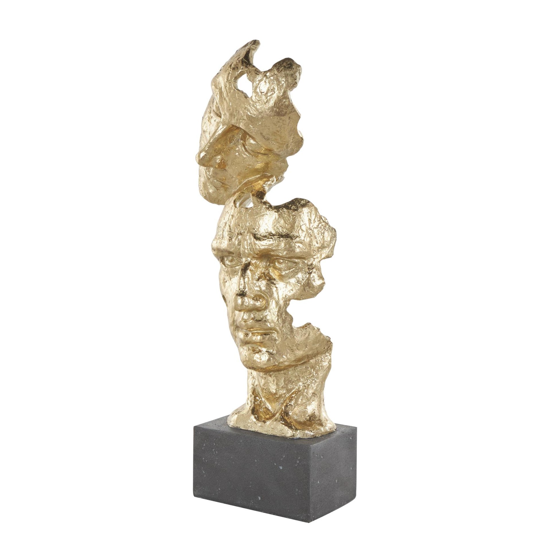 Mask Gold Polystone Stacked Face Cutout Decorative Sculpture with Black Block Base