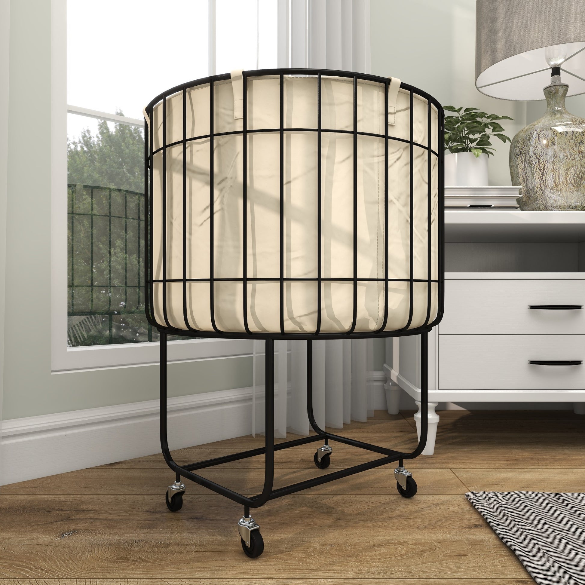 Black Metal Deep Set Wire Basket Mobile Storage Cart with Wheels