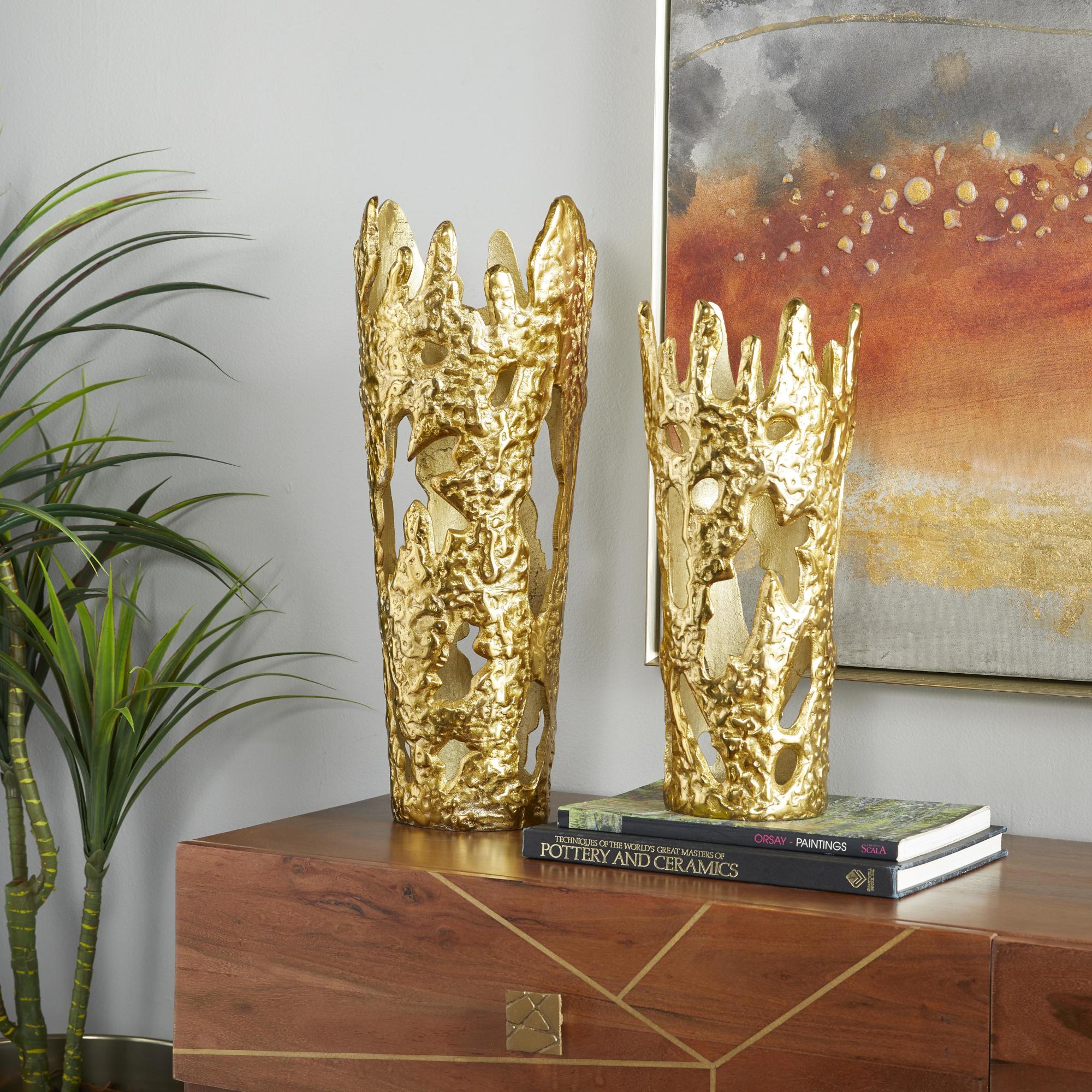 Set of 2 Aluminum Metal Decorative Vase with Cut Out Designs