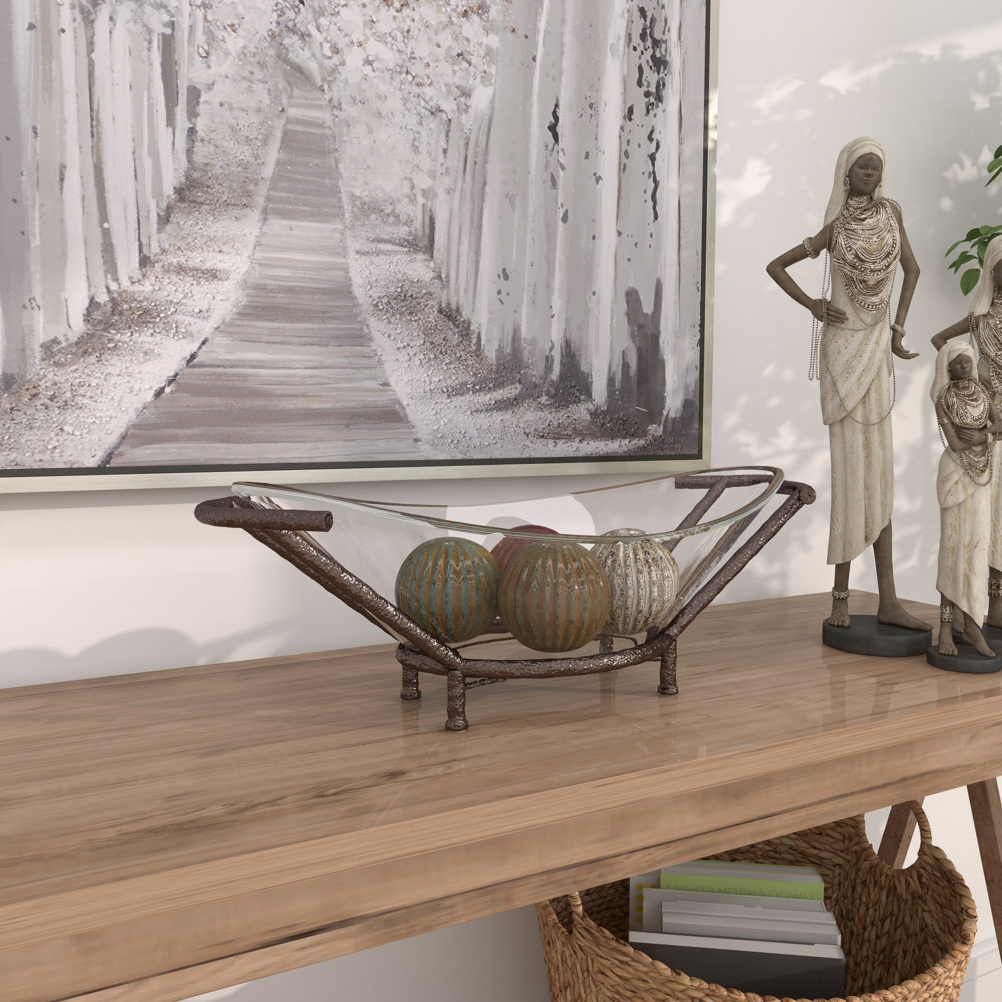 Kitchen Clear Tempered Glass Decorative Serving Bowl with Brown Metal Base